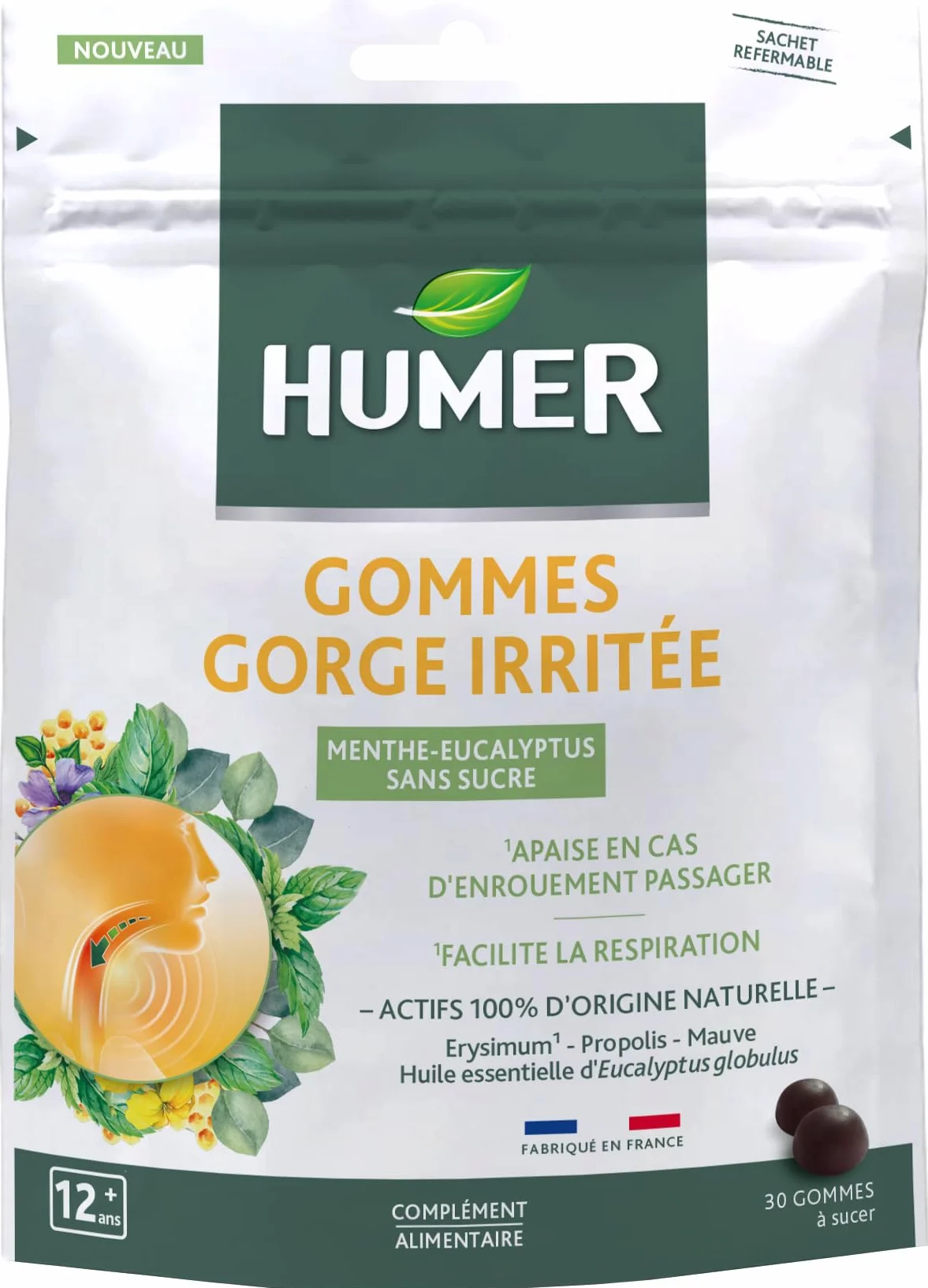 Humer Gommes gorge irritée Menthe Eucalyptus 30 gommes - Apaise enrouement passager - Actifs 100% naturels