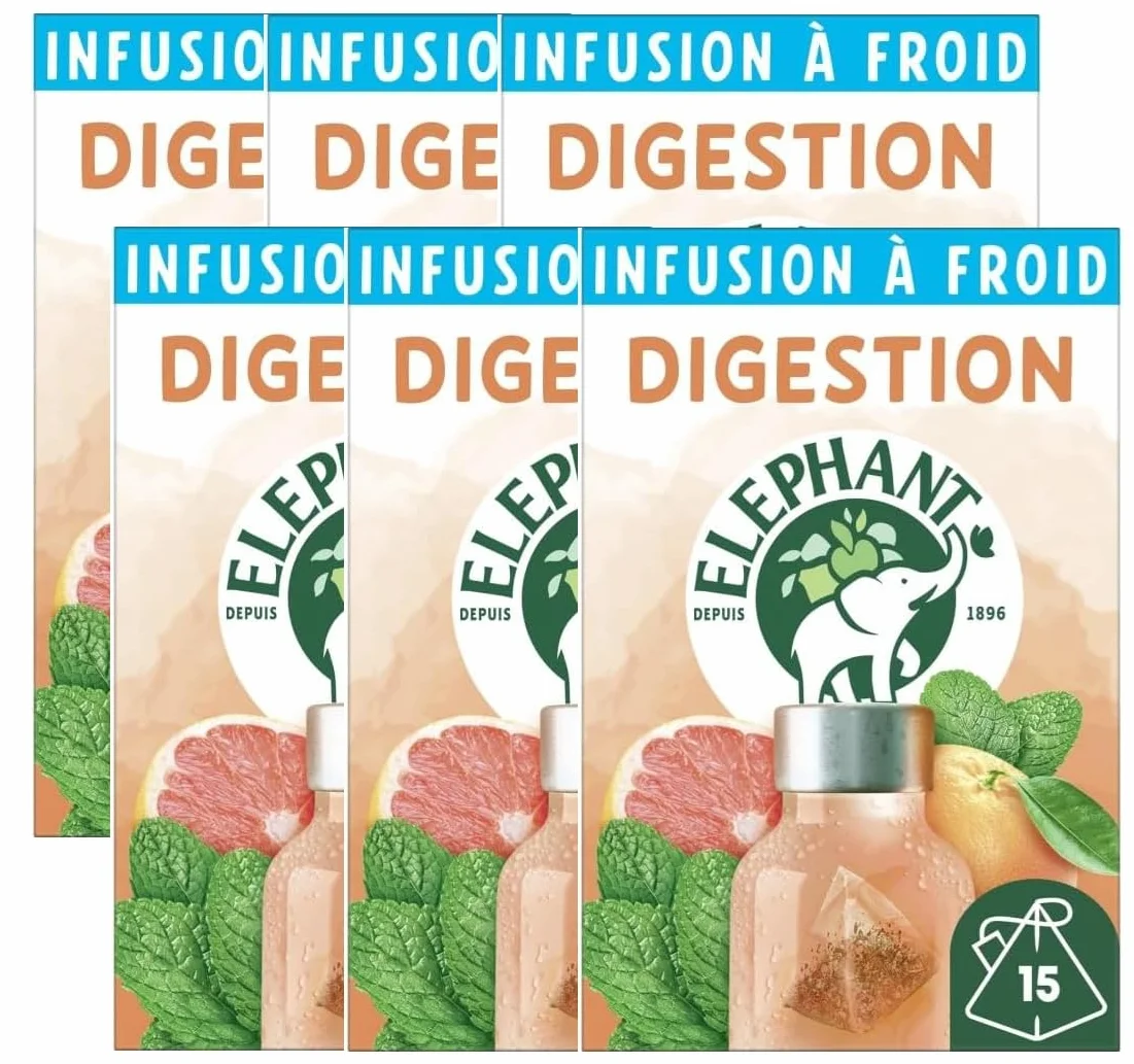 Elephant, Infusion à Froid Digestion, Eau Froide Aromatisée, Parfums Naturels Pamplemousse Menthe, Lot de 6 x 15 Sachets Individuels, 90 Sachets Pyramid
