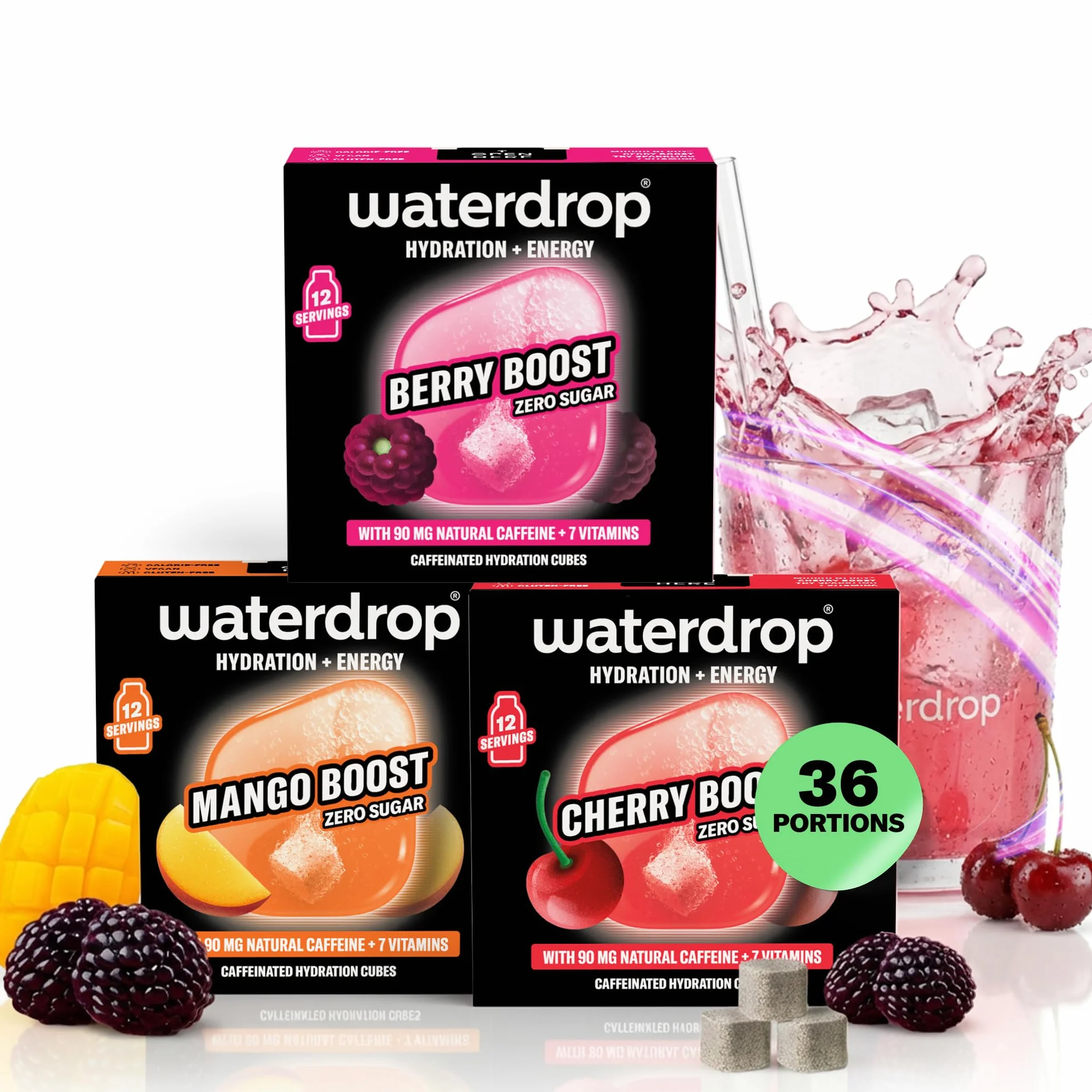 waterdrop® Coffret Microenergy, Boisson Énergisante Sans Sucre, Boisson Gazeuse aux Arômes de Mûre, Mangue et Cerise, 36 Cubes Effervescents avec 90 mg de Caféine Naturelle, Vitamines B et C