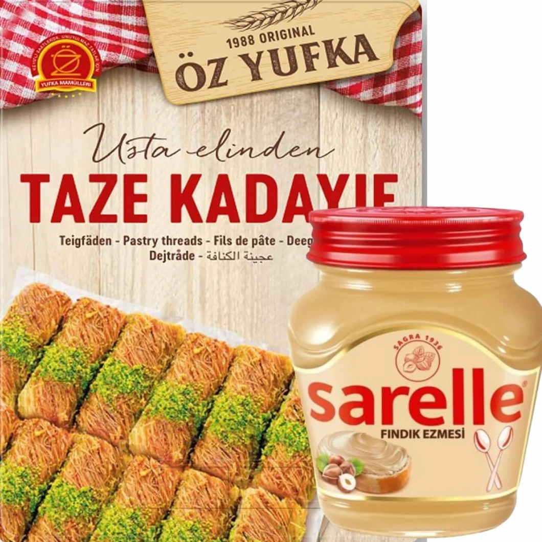 PUFAI Fils de pâte frais - Cheveux d'ange Kataifi Kadayif Shredded Fillo - Pâte à pâtisserie - Fils Taze Kadayif - Pour chocolat Dubaï - 400 g - Avec crème de noisette - 350 g