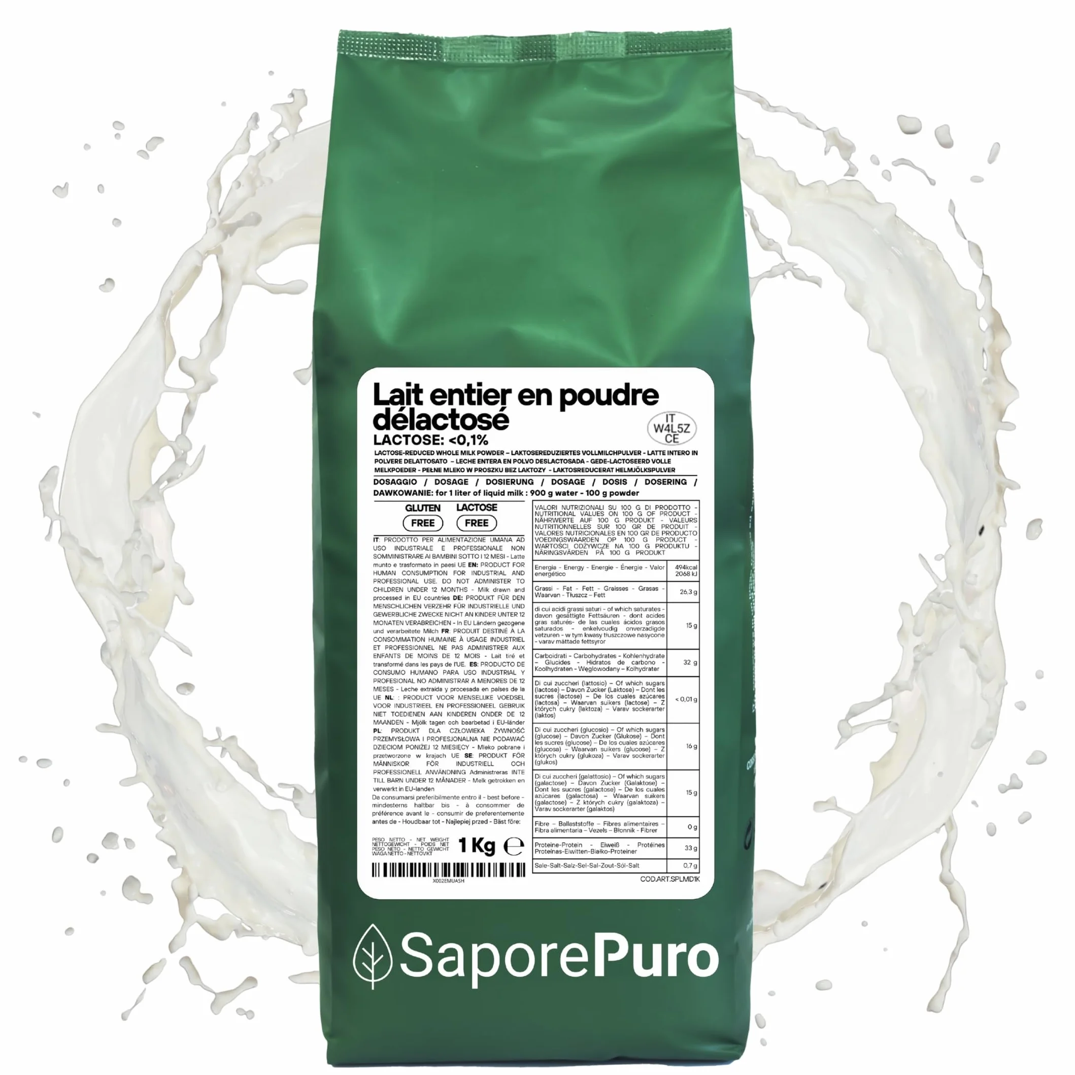 SaporePuro Lait Entier Déshydraté Sans Lactose 1 kg | Haute Solubilité | Idéal pour Pâtisseries, Pain et Glace Artisanale | Usage Professionnel et Industriel | Sans Lactose | Sans Gluten
