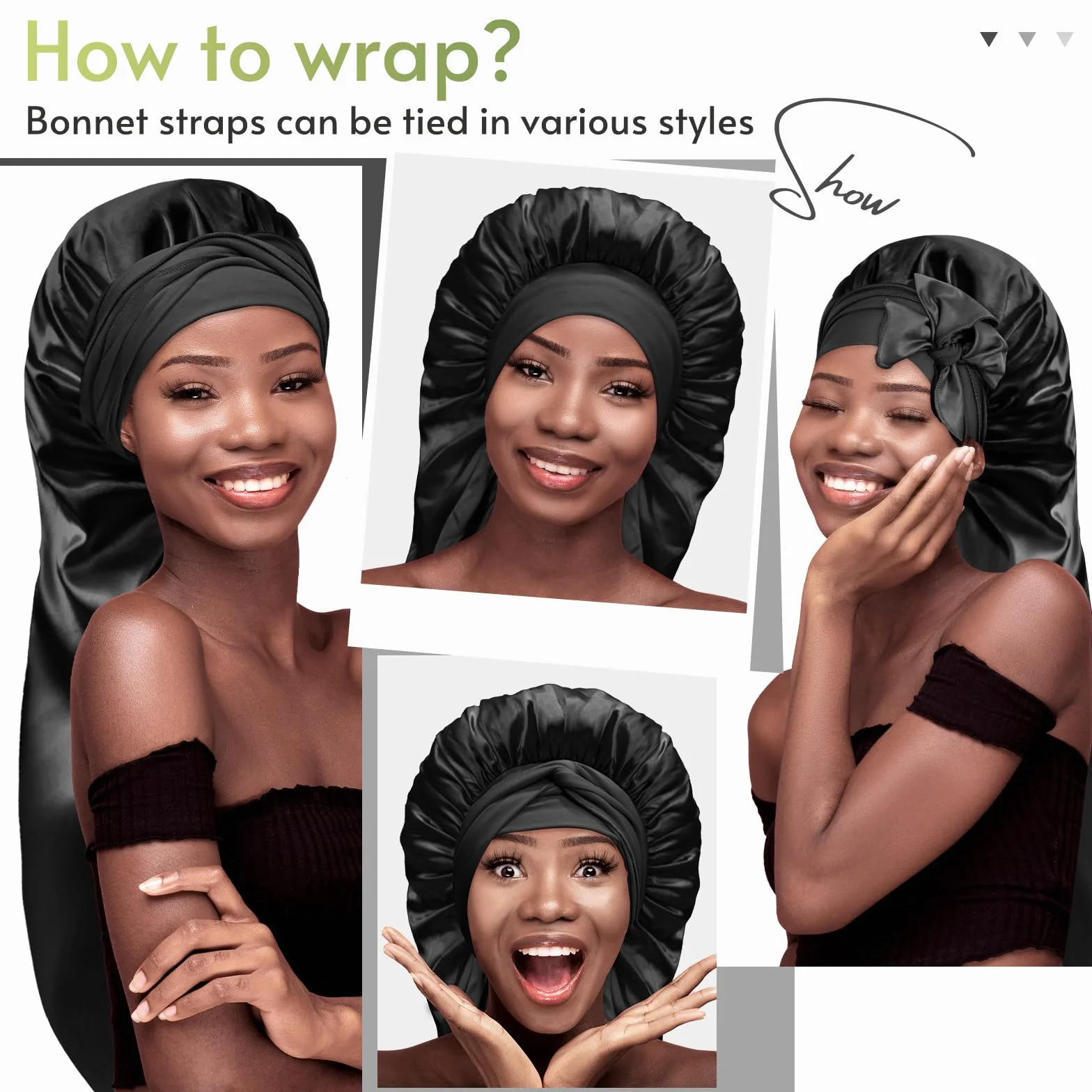 BONNET QUEEN Bonnet Satin Cheveux Longs Nuit Anti-Glisse avec Long Bandeau Réglable, Protection Anti-Frisottis pour Cheveux Très Longs, Noir