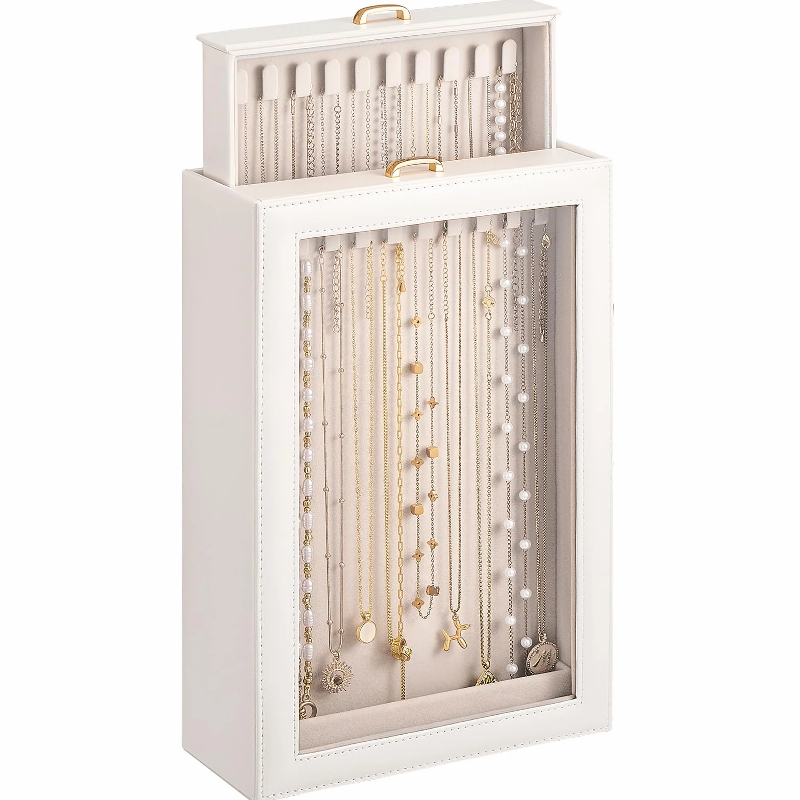 Lolalet Boîte à Colliers à 2 Niveaux, Rangement Collier, Présentoir Bijoux avec Couvercle Transparent, Intérieur en Velours Blanc