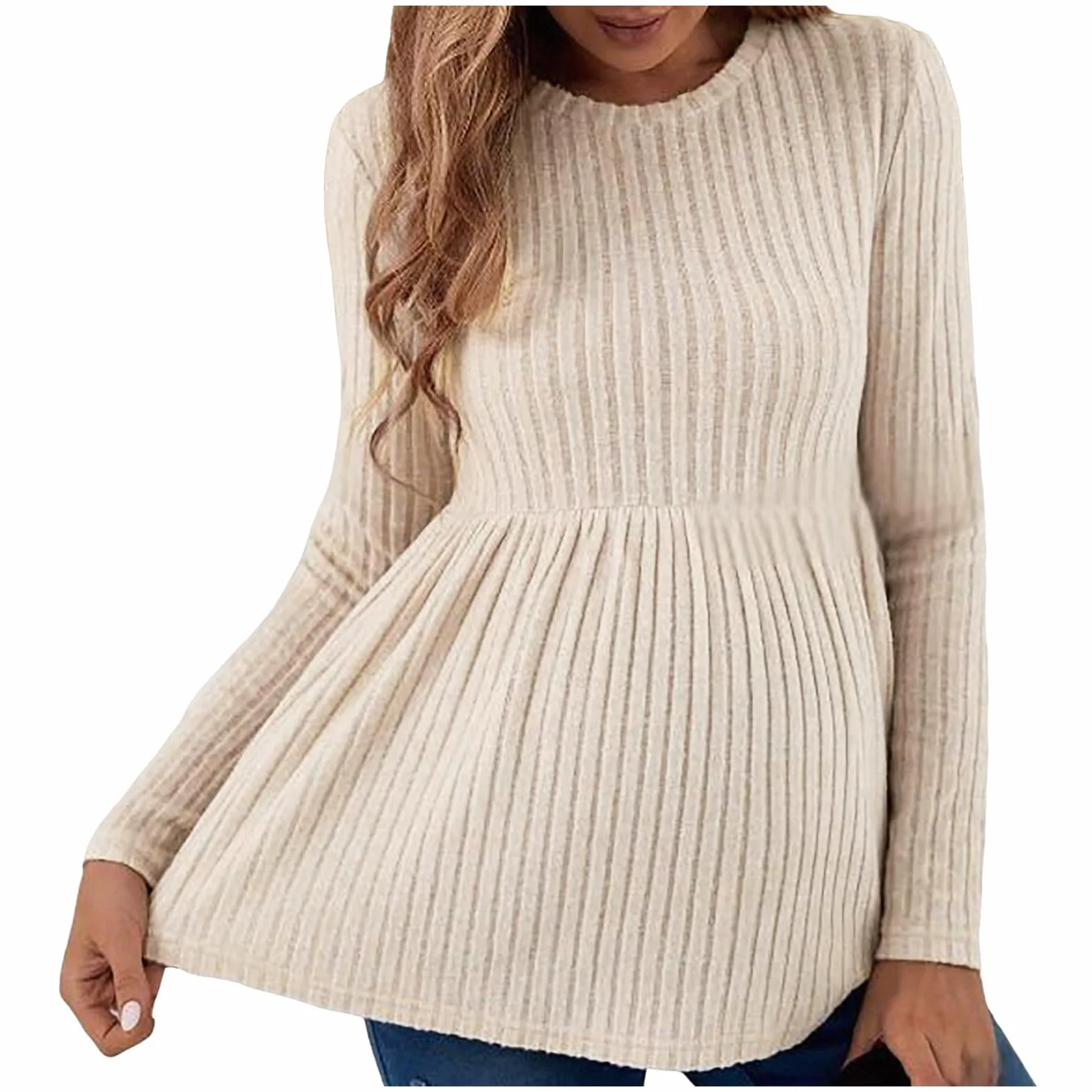 Pull de maternité à manches longues pour femme - Tunique de grossesse col rond côtelée