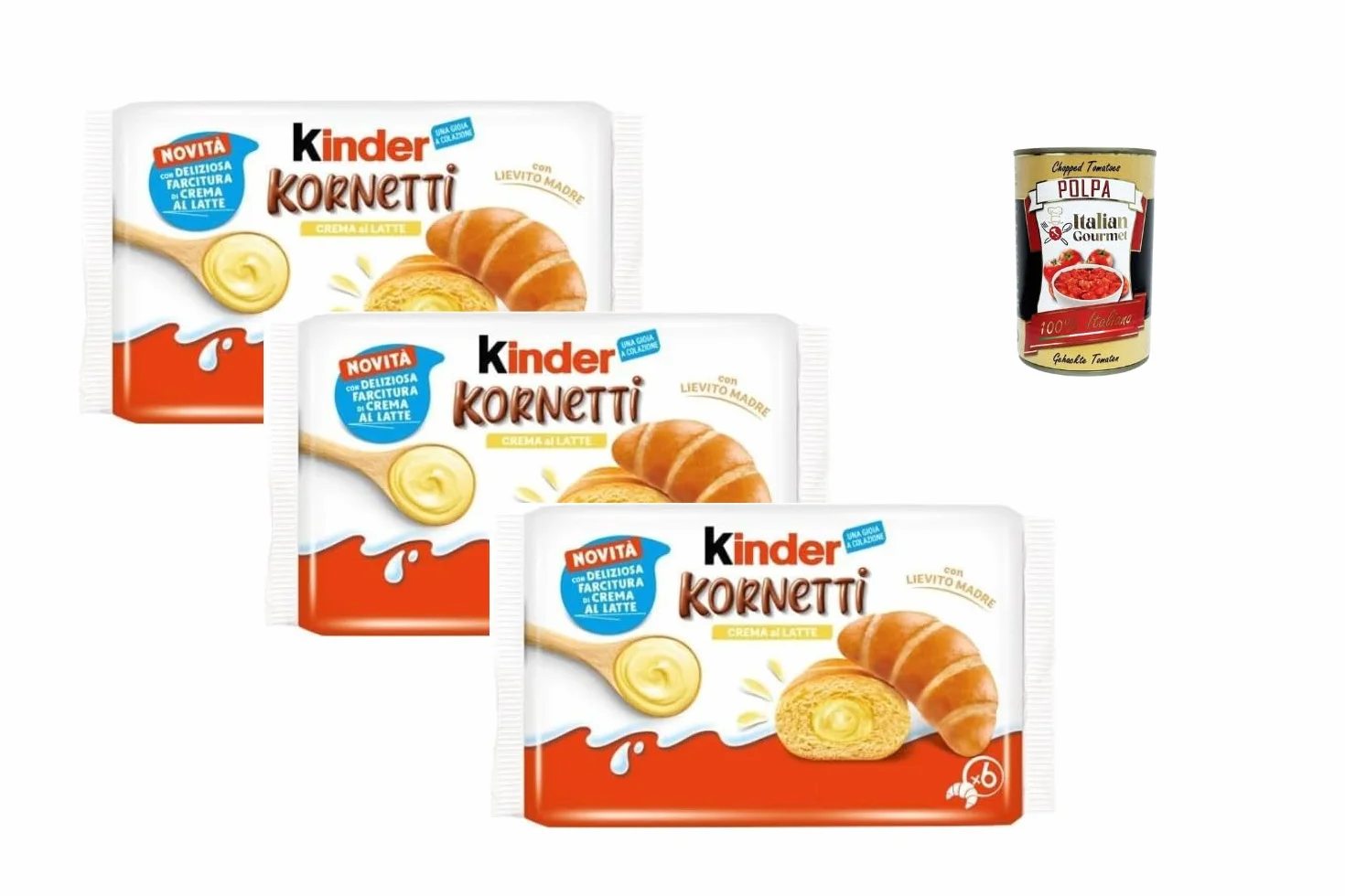 talian Gourmet Kinder Kornetti Crème au Lait 3 x 252 g – Croissants Italiens Fourrés à la Crème au Lait – Petit Déjeuner & Goûter + Polpa de Tomates Italiennes 400 g