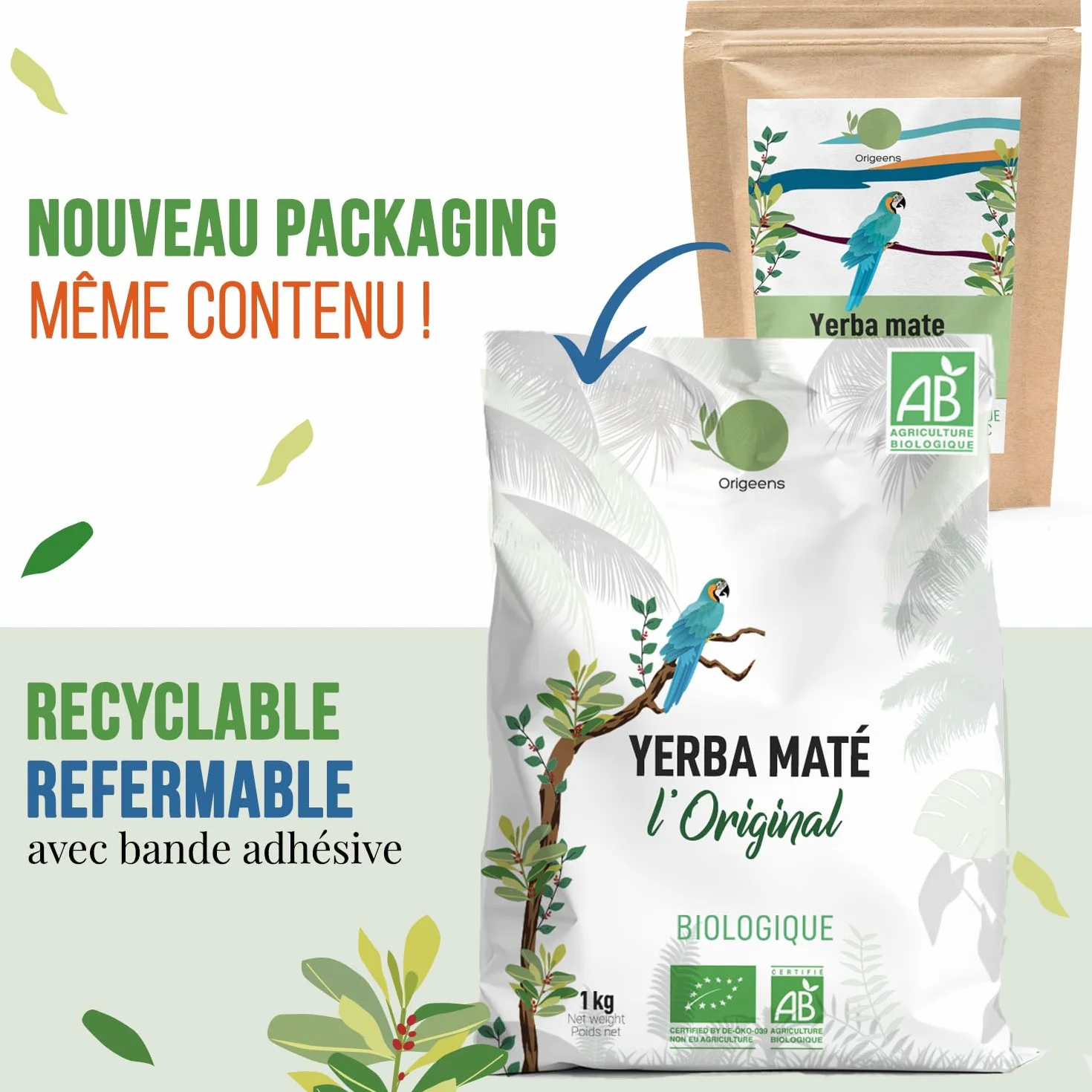 ORIGEENS YERBA MATE BIO 1KG L'Original - Yerba Maté Vert Non Fumé, Récolté à la main - Feuilles, Sans Tige, 0 Poussière - Boisson Energie et Detox