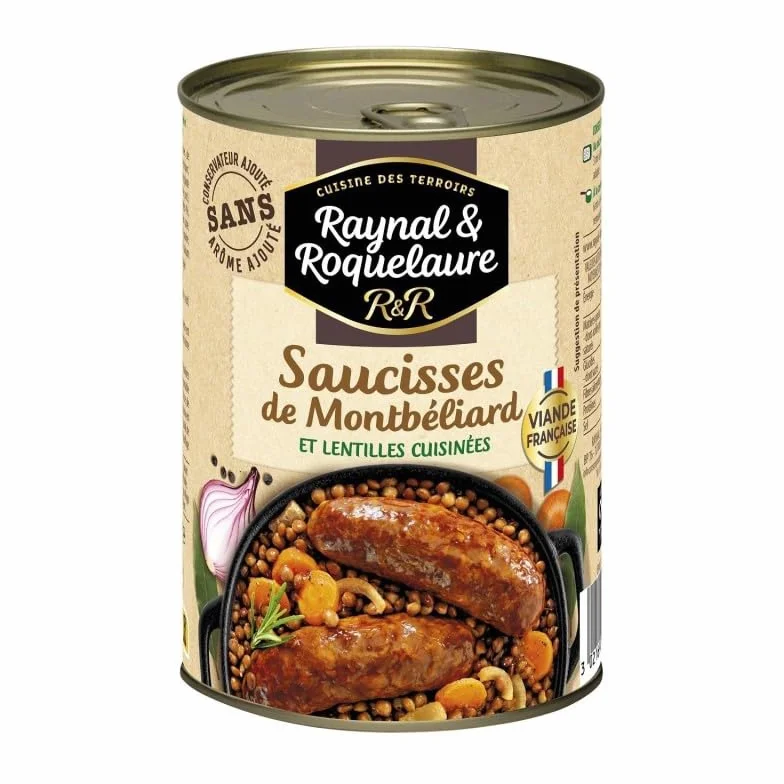 Délicieuses Saucisses de Montbéliard et Lentilles en Conserve 400g Raynal et Roquelaure - Saveurs Maison - Repas Prêt-à-MangerAutowired - Le Lot De 3
