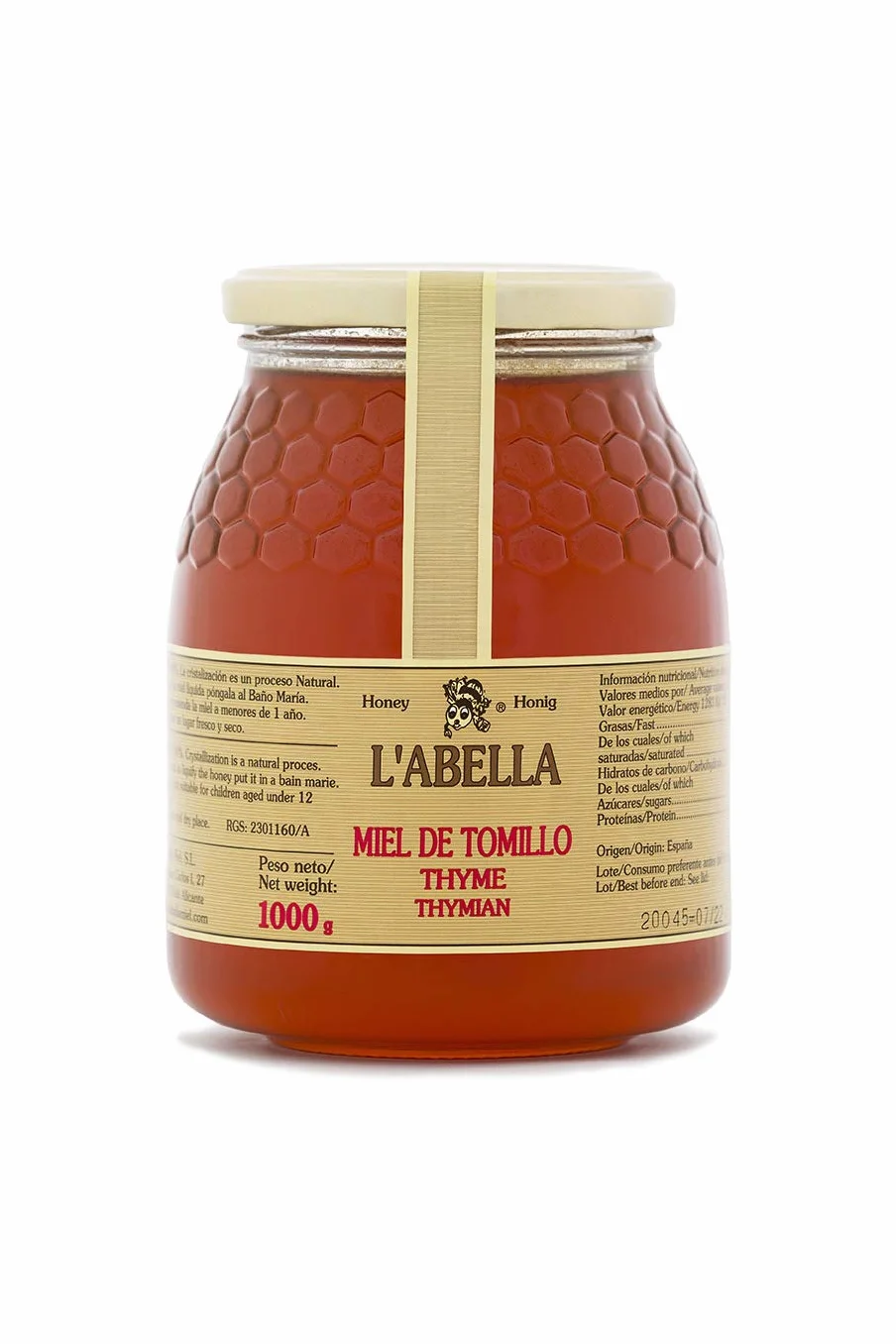 L'Abella Mel - Miel de Thym 100% Naturel | Miel d'abeille pur - Récolté à la main dans la vallée de la Costa Blanca, Espagne - Sans gluten - 1000g