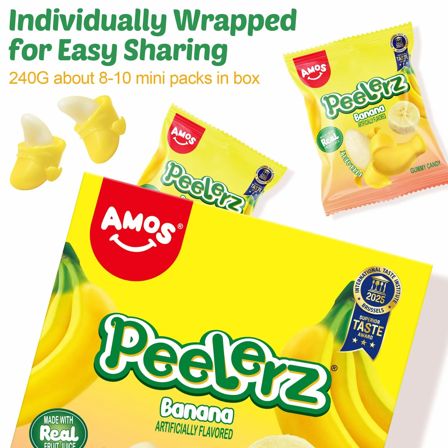 AMOS Peelerz Bonbons Gommeuse, Pâques Banana Banane Pelable 3D Bonbon Candy, Jus Fruits Véritables Fabriqués Bonbon Gommeuse Pour Célébrer Fête - Emballage Boîte 240G (Banane)