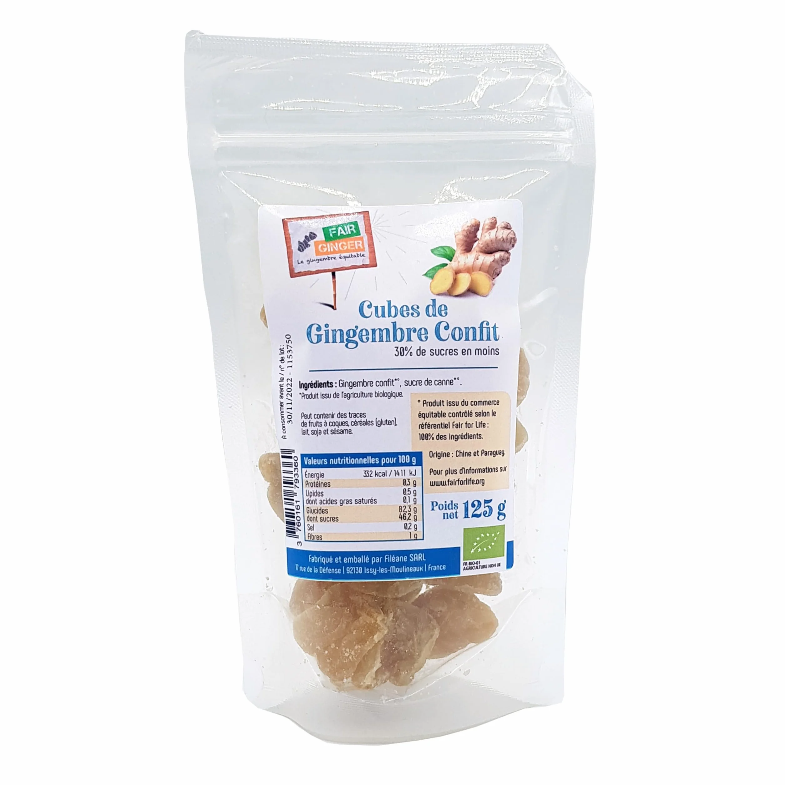 Gingembre confit allégé en sucre BIO en cubes 125G - Fair Ginger