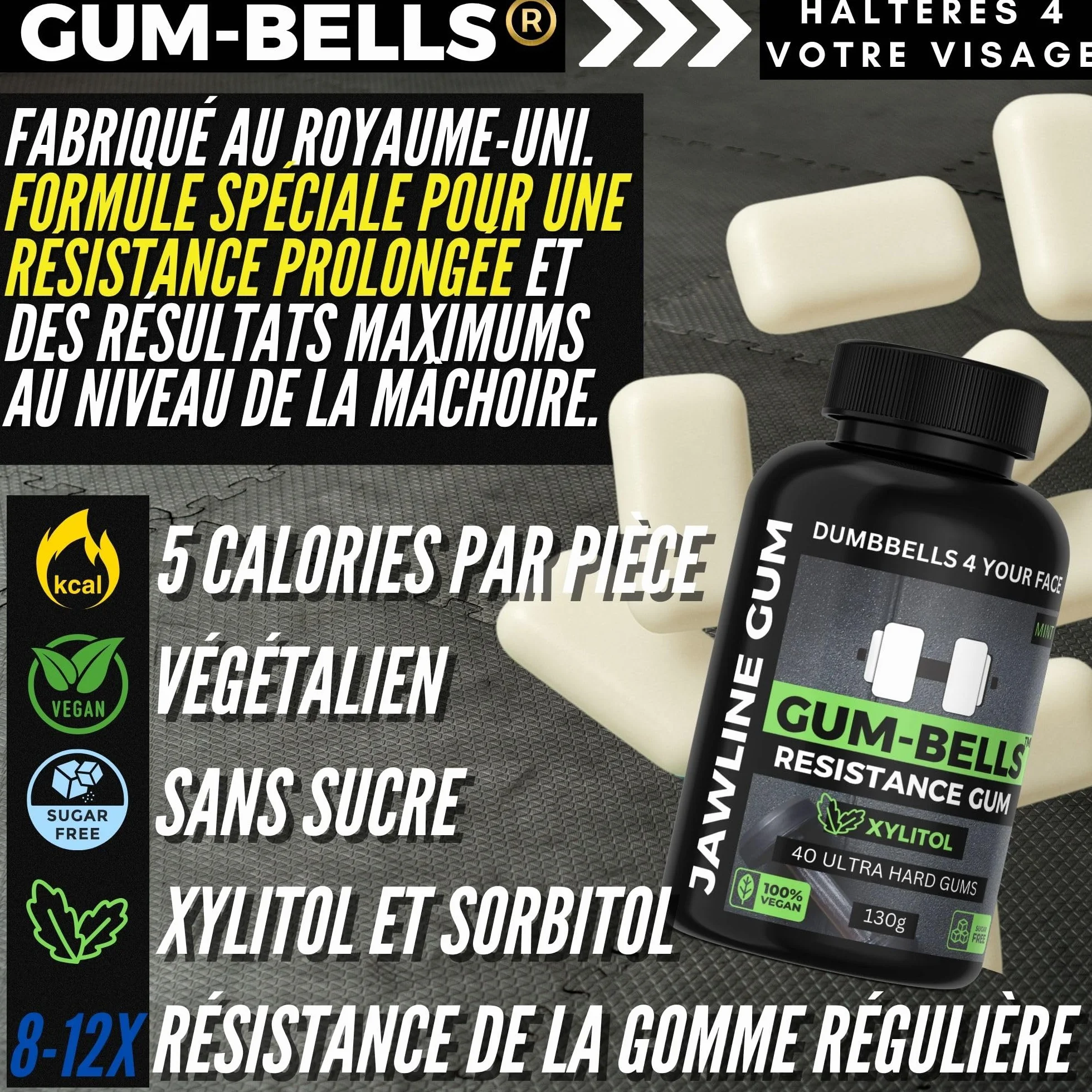 GUMBELLS® Xylitol Jawline Gum – Gomme dure ultra résistante pour mâchoire, menthe, sans sucre, Lot