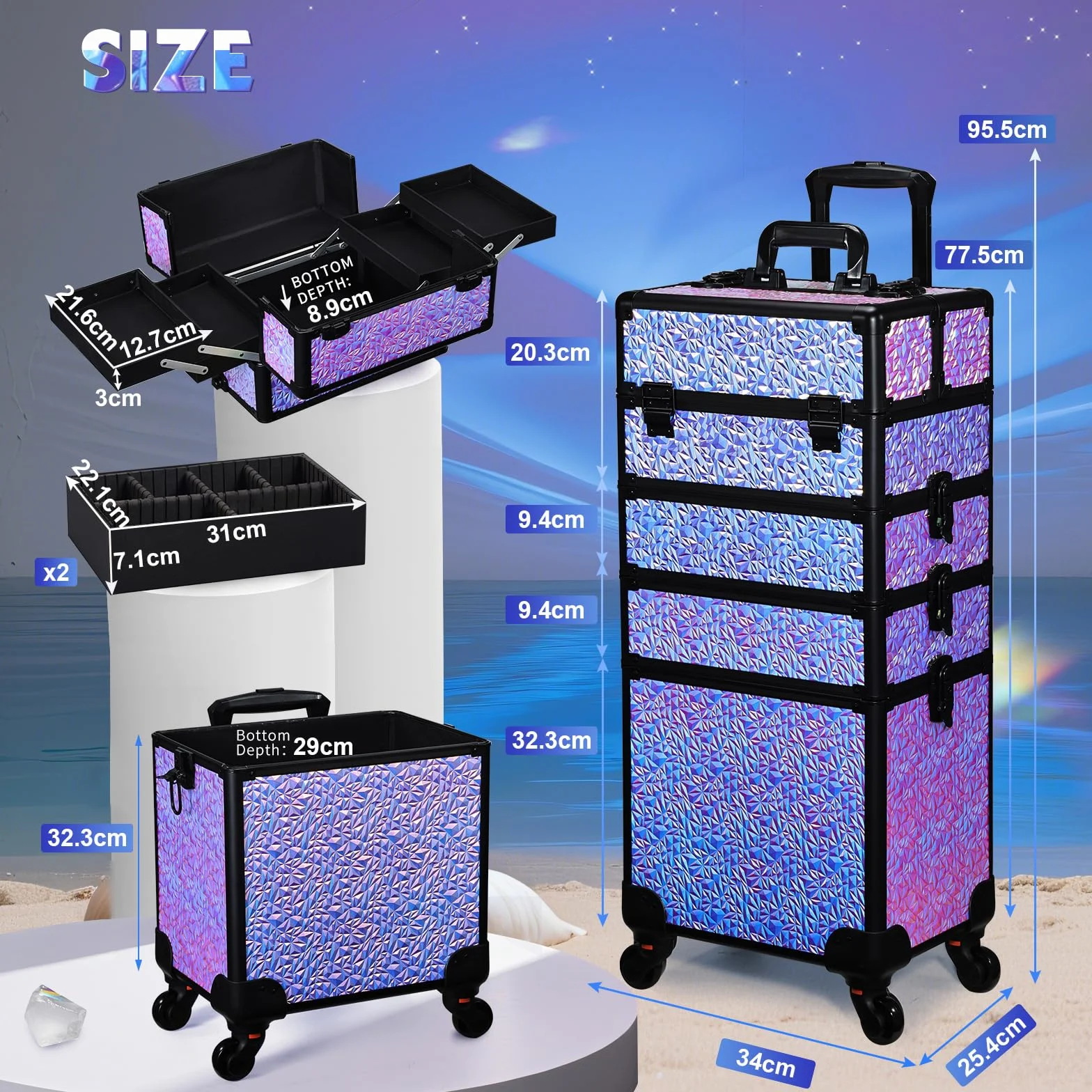 Valise de Maquillage XXL 4-en-1 Cadre Aluminium Violet Dégradé, Mallette Cosmétique Verrouillable à roulettes 360°