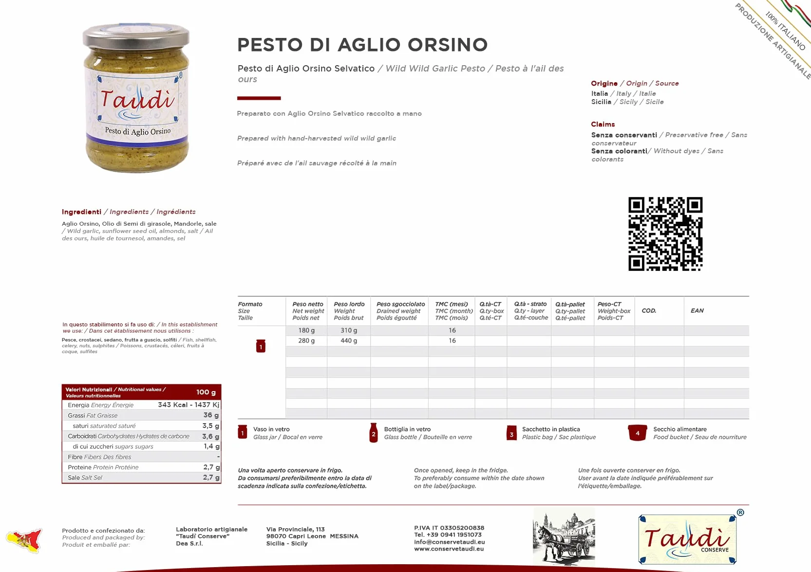 Taudì Conserve Pesto D'Ail Orsino Sauvage – Délice Sicilien 100% Naturel, Artisanal, Ingrédients Sélectionnés Pour Pâtes, Bruschettas & Plus, 180g en Pot De Verre Premium
