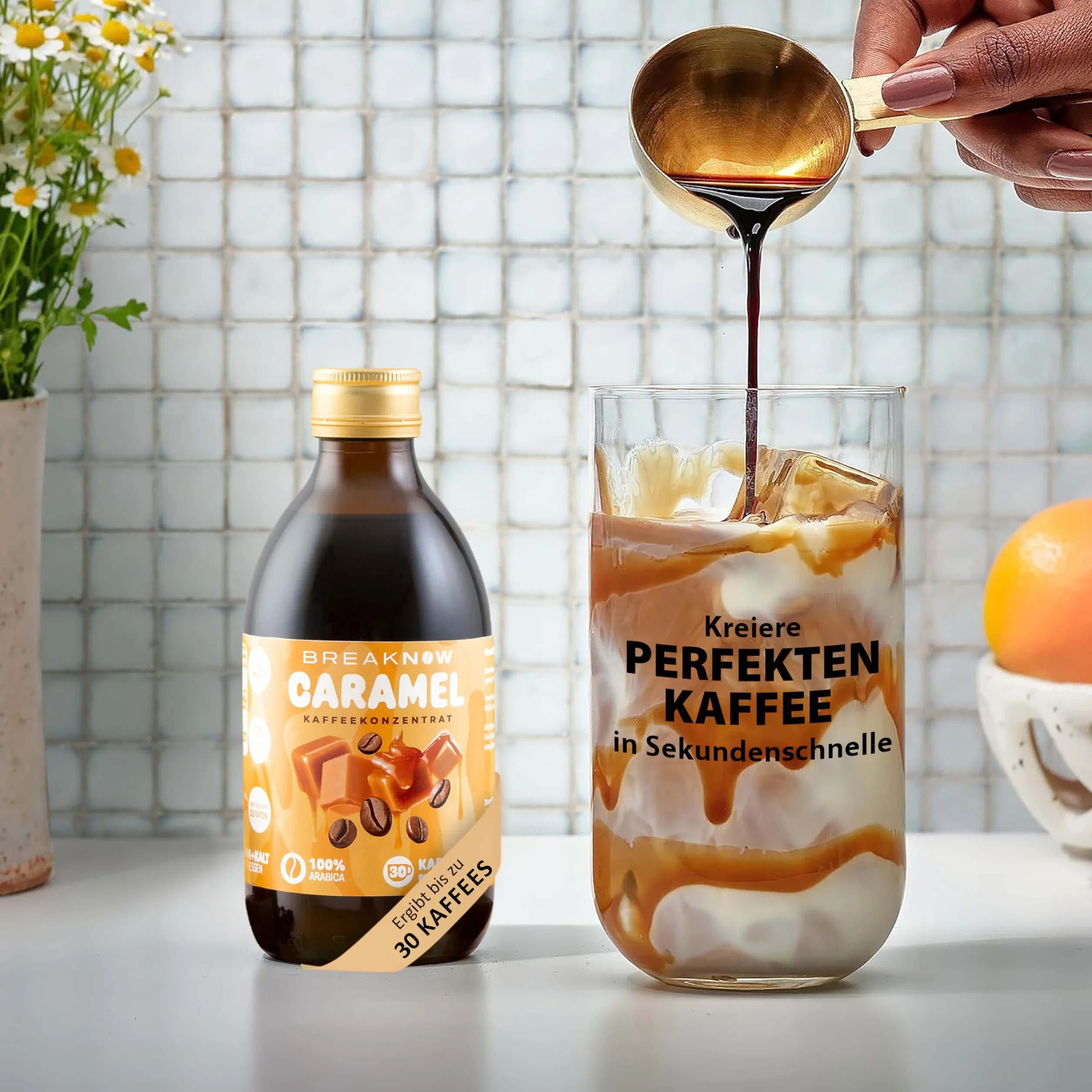BreakNow Caramel Macchiato - Concentré de Café Glacé avec Arôme de Caramel - Sirop pour Cappuccino, Frappé - Prêt en 10 Secondes - 1 Bouteille = 30