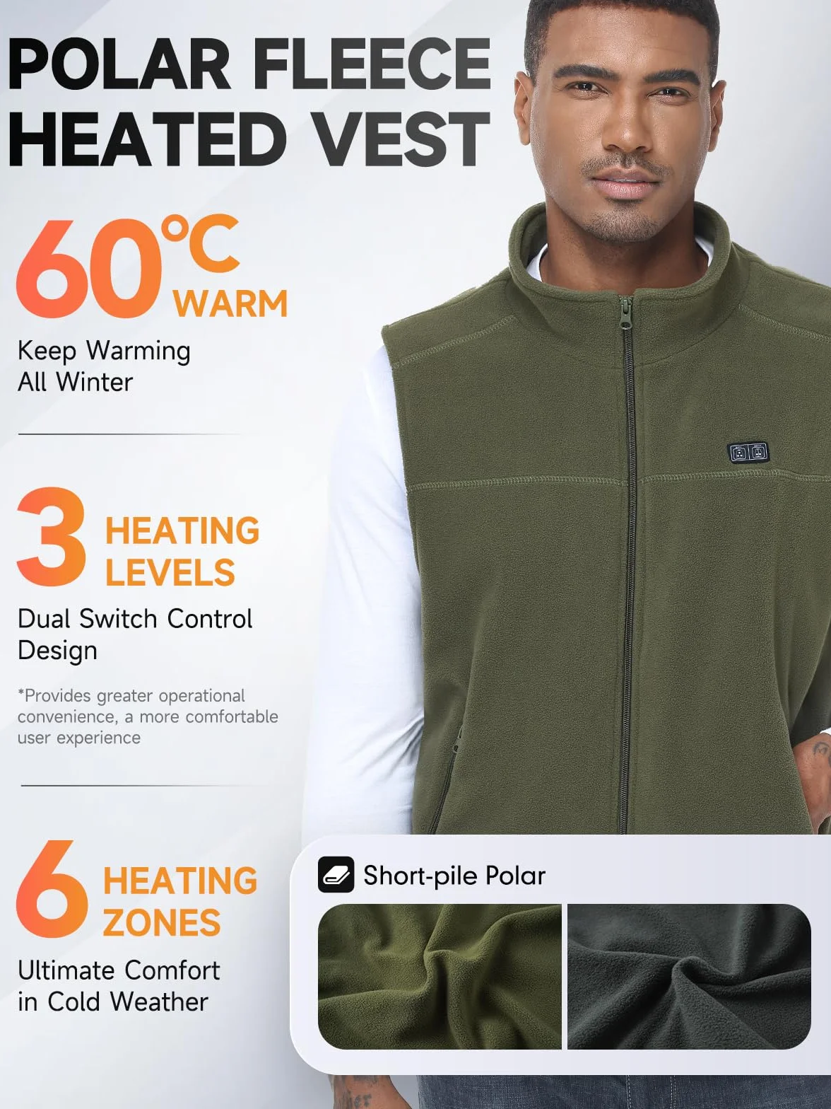 Gilet chauffant homme femme 10000mAh 5V USB micro polaire blouson chauffant avec batterie incluse manteau électrique 3 niveaux 6 zones chauffante hiver