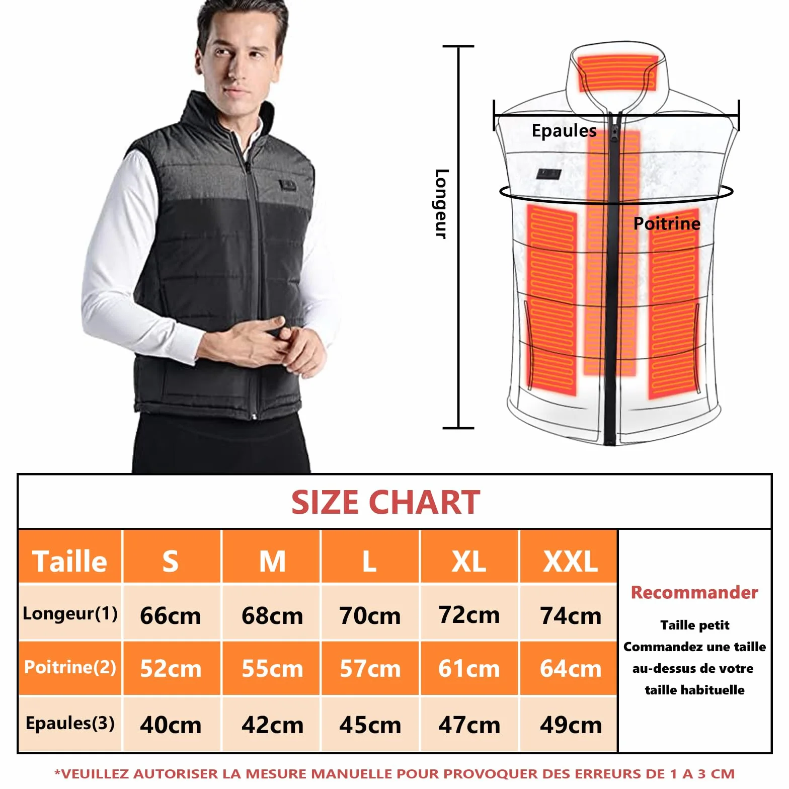 Gilet Chauffant électrique Homme Femmes 4 zones USB ultraléger Ski moto Pêche Camping