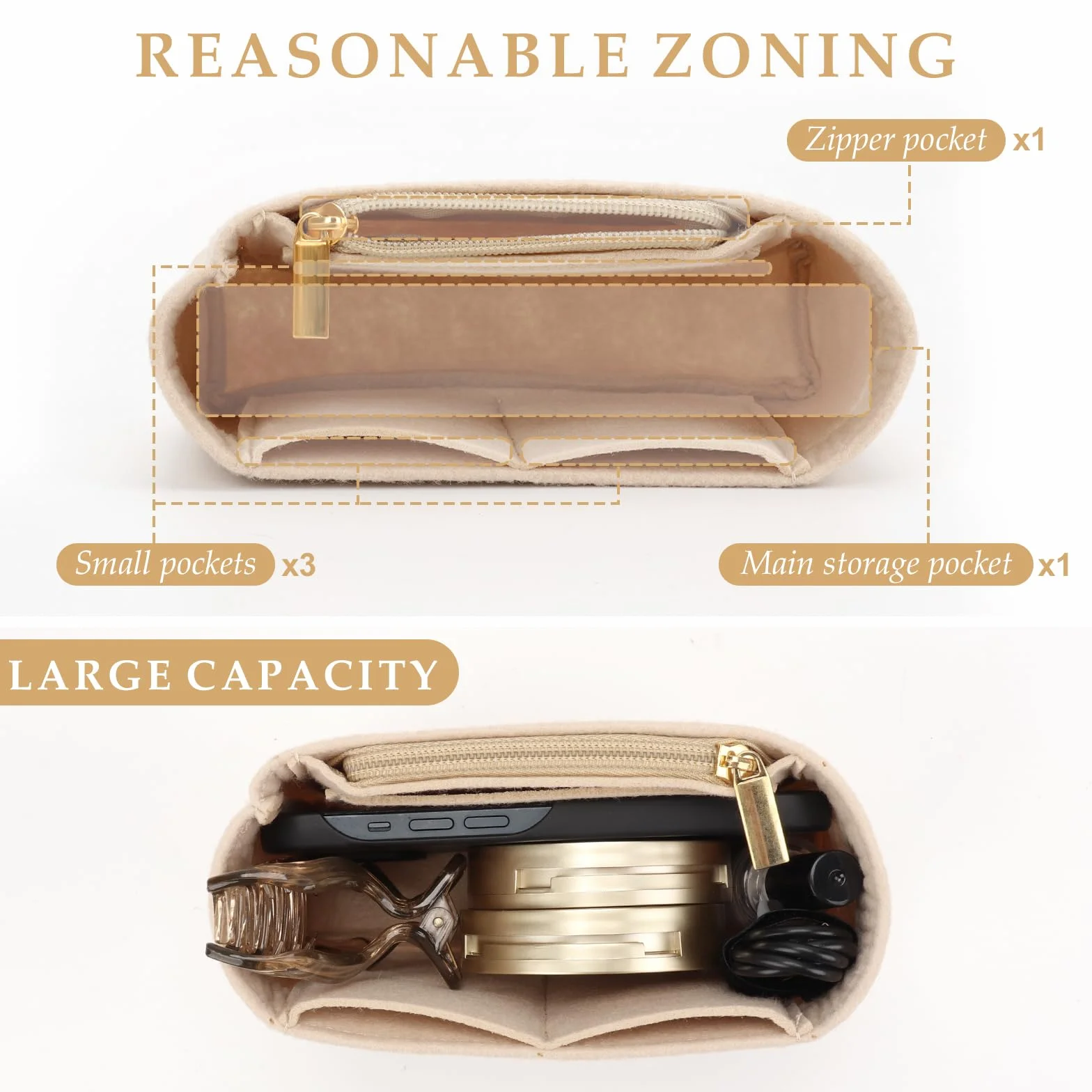 Organiseur de poches pour Longchamp Le Pliage Mini, en feutre, grande capacité