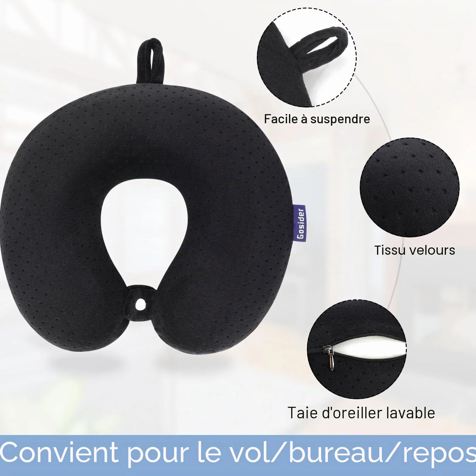 Oreiller de cou voyage mémoire de forme noir soutien tête U portable avion voiture bureau