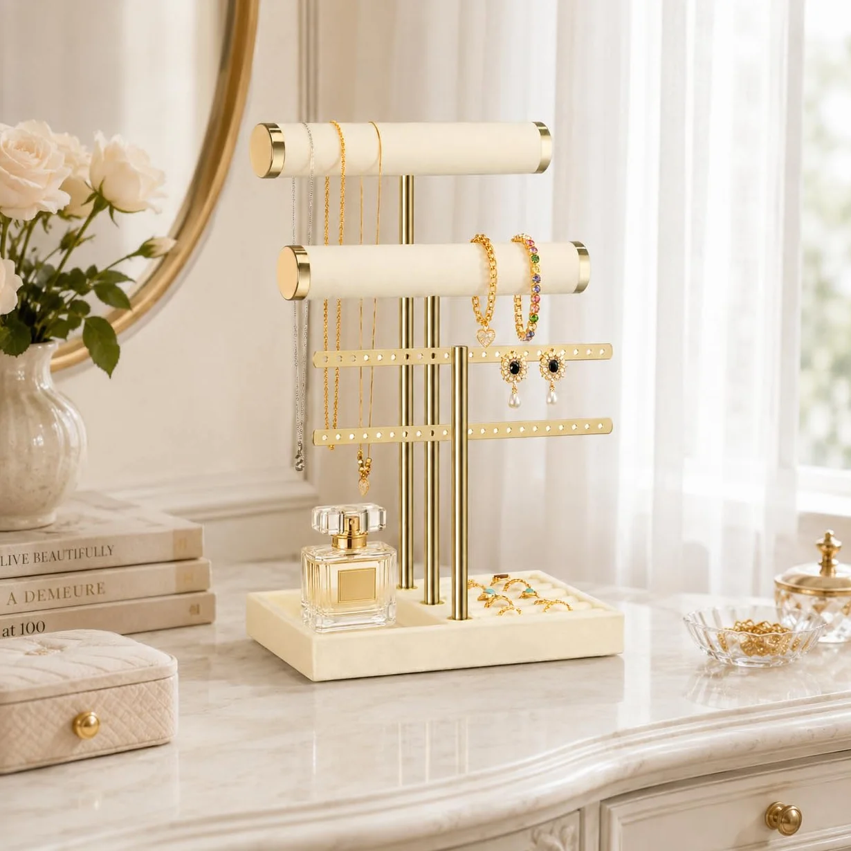 Organisateur de Bijoux à 3 Niveaux en Velours Beige - Porte Bijoux pour Bracelets, Colliers, Montres, Bagues