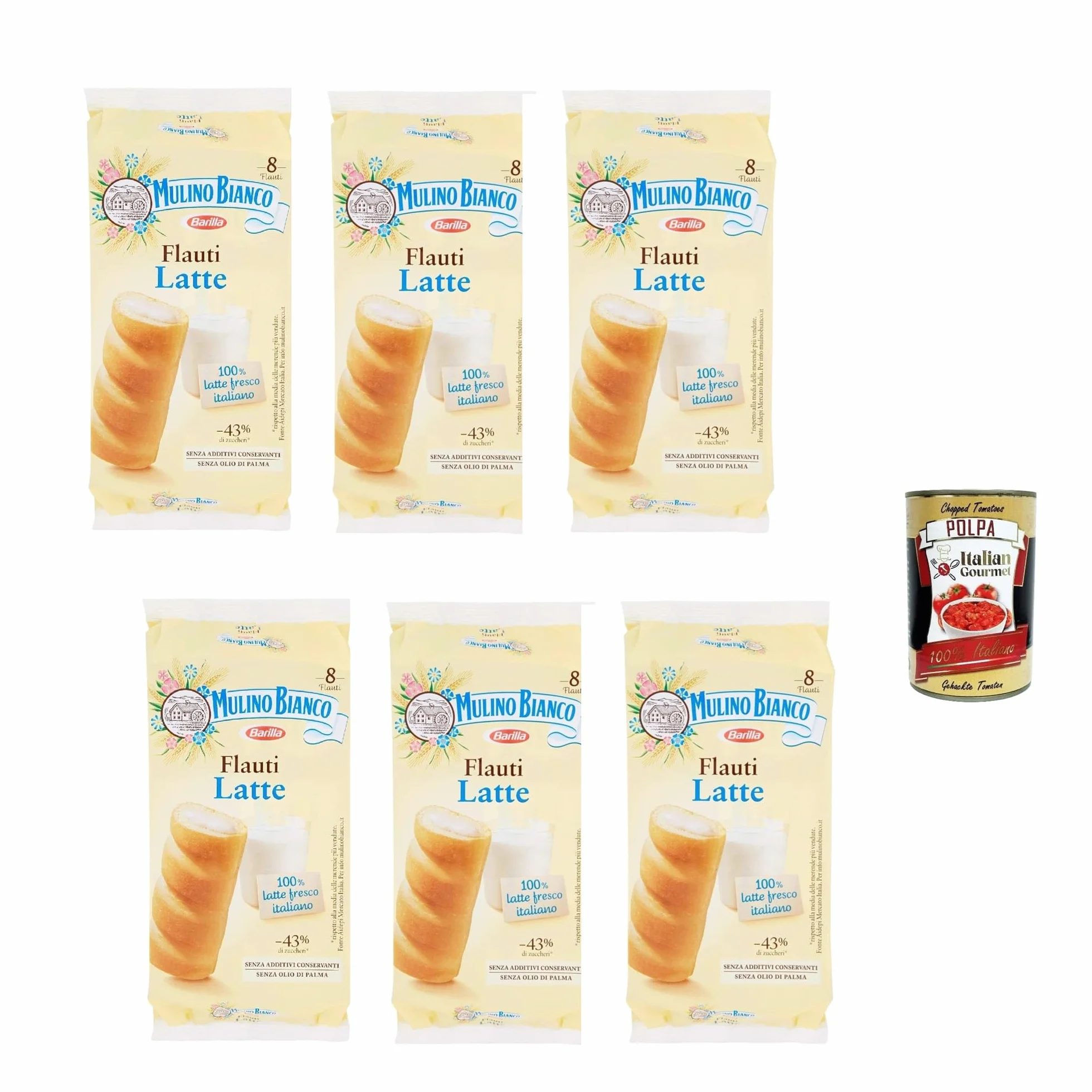 Italian Gourmet Mulino Bianco Flauti au Lait 6 x 280 g – Gâteaux Fourrés au Lait – Petit Déjeuner et Goûter+ Italian Gourmet Polpa de Tomates 400 g
