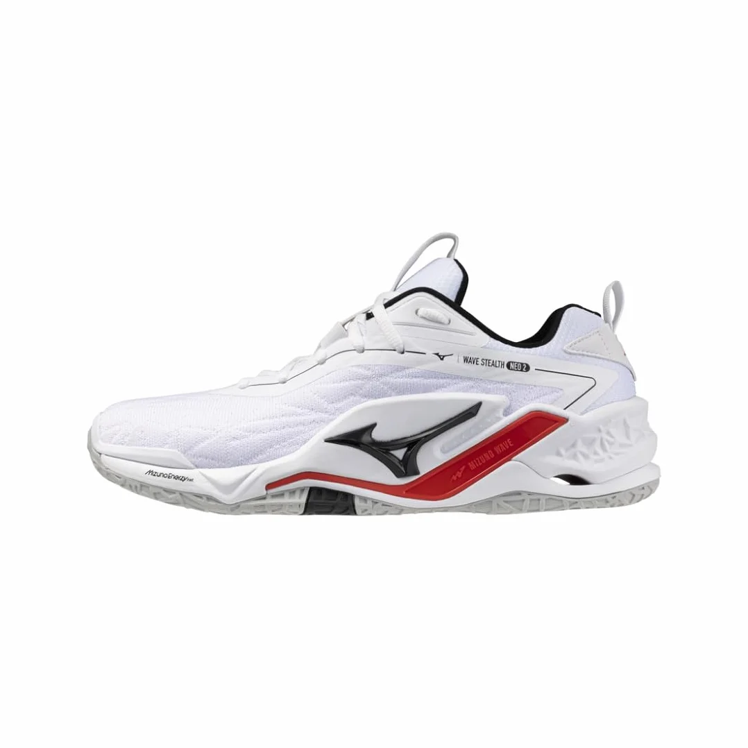 Mizuno Wave Stealth Neo 2 Chaussures de handball Homme Blanc Noir Rouge Amortissement Enerzy NXT