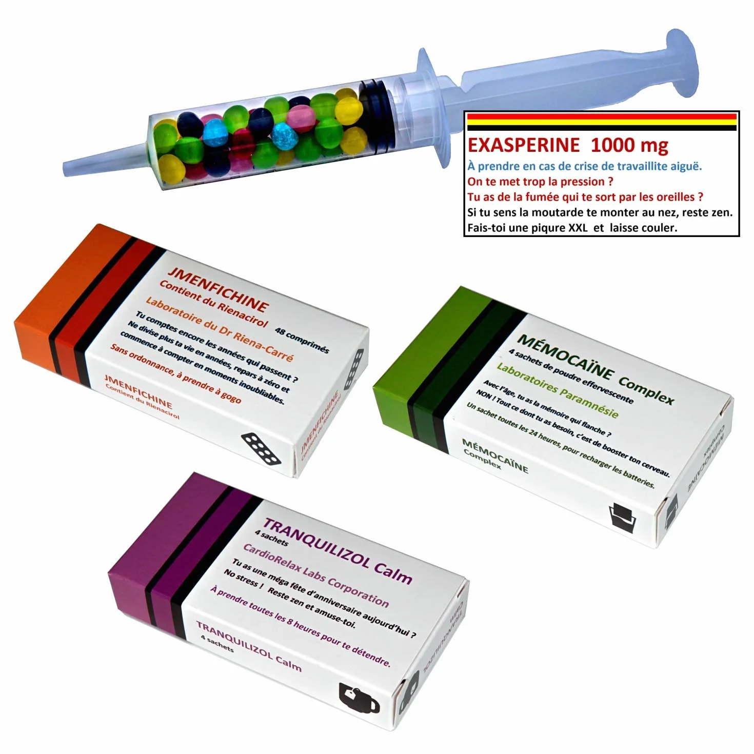 Cadeau anniversaire original. Remèdes pour passer le cap. Boite à pharmacie avec 10 imitations de médicaments. Contient des bonbons