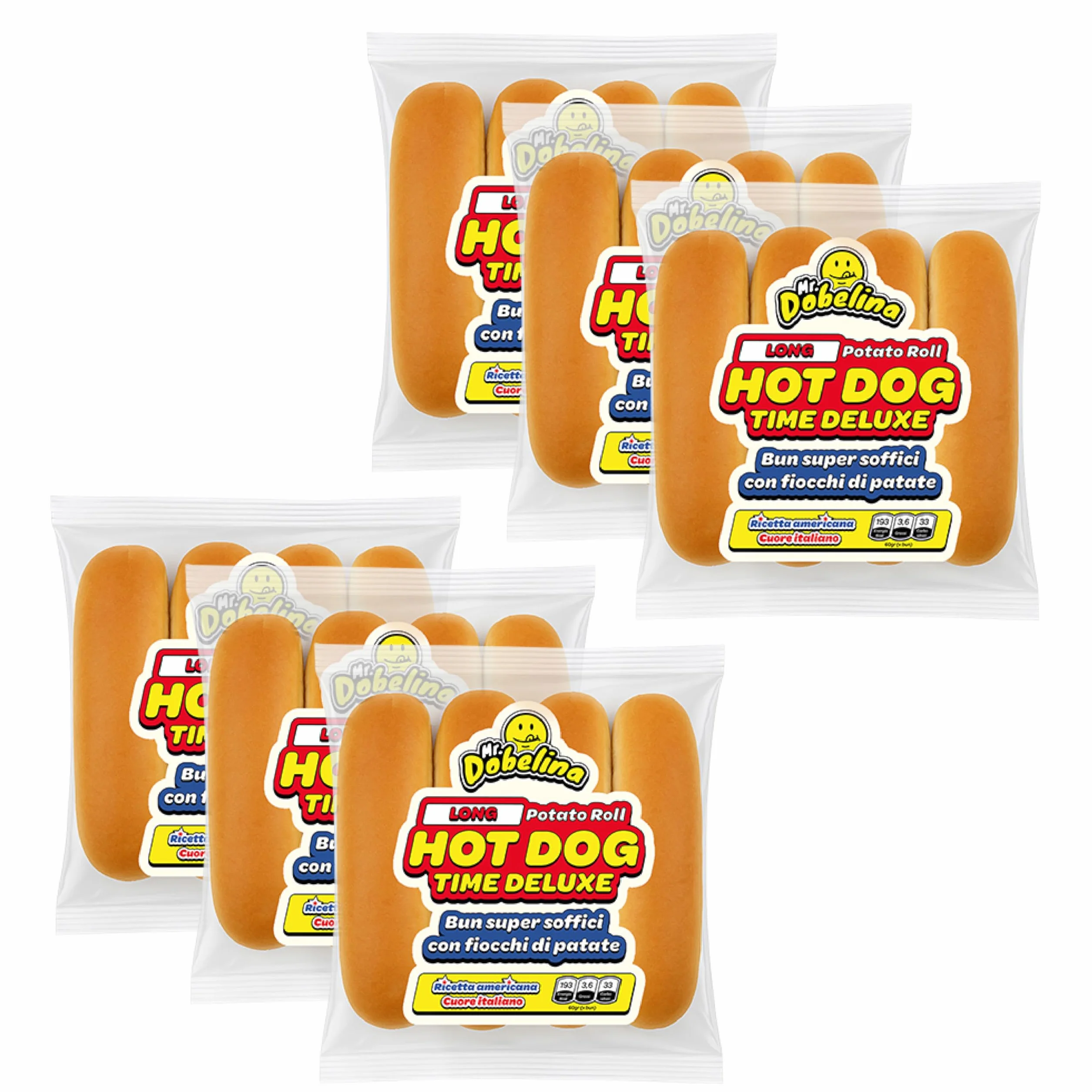 Mr. Dobelina Hot Dog Potato Rolls, 6 paquets de 4x60g et 16cm, moelleux et dorés, sans lactose, idéaux pour les riches hot-dogs à l'américaine, sans conservateurs ni additifs.