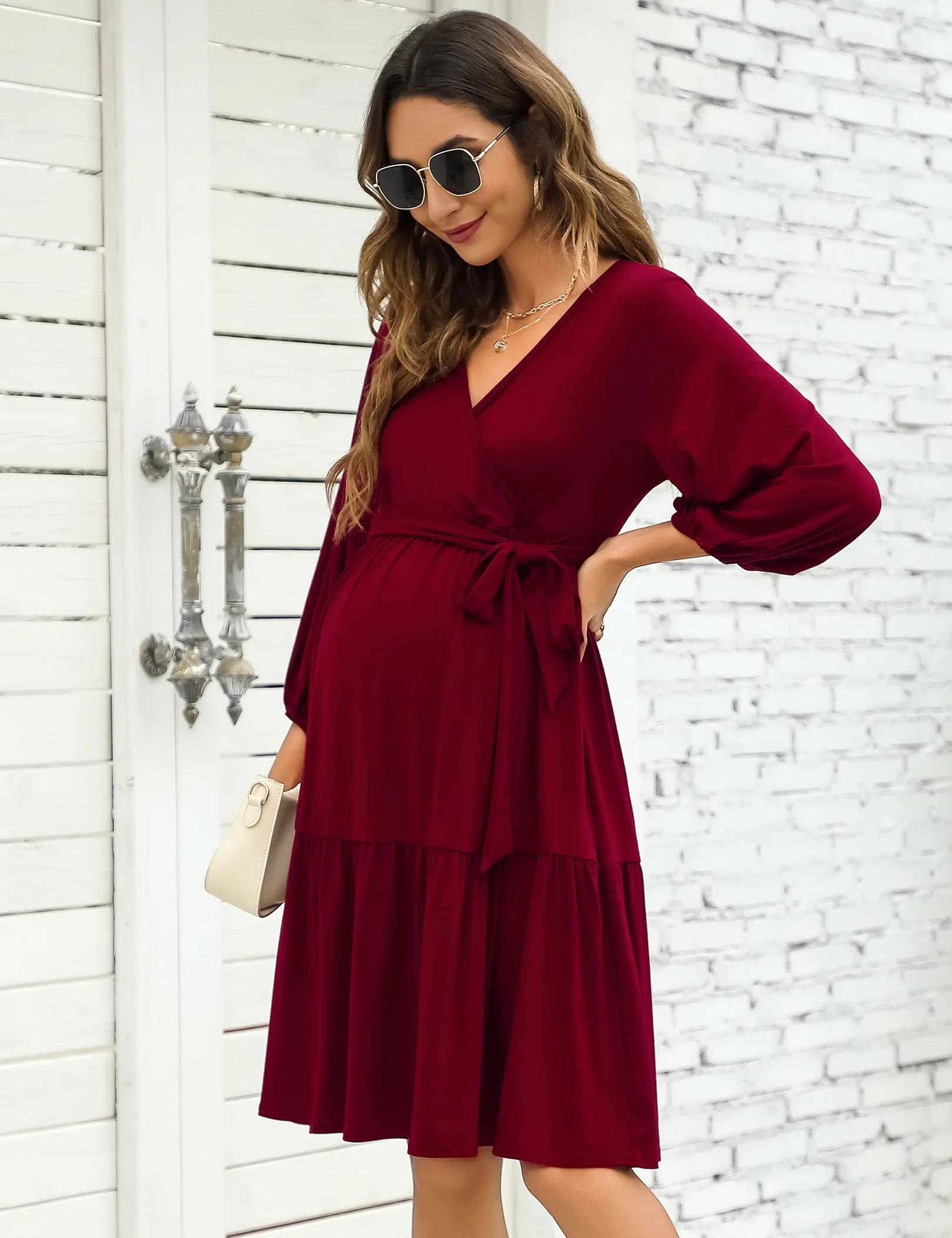 KOJOOIN Robe de maternité Femme Col en V Manches 3/4 Allaitement Volants Ceinture