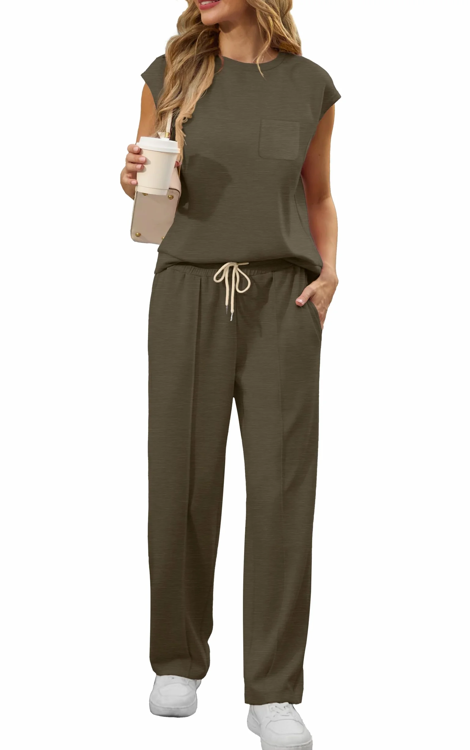 GRECERELLE Survêtement deux pièces Femmes Ensemble Casual Crew Neck Cap Sleeve Tops et Jogging avec Poches