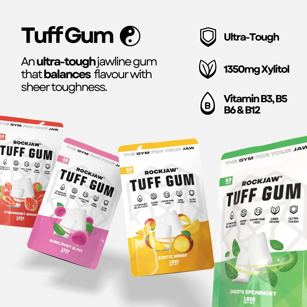 ROCKJAW® Jawline Gum Tuff Gum 2.0 complexe de vitamines B sans aspartame sans sucre xylitol 2 mois d'approvisionnement mangue exotique