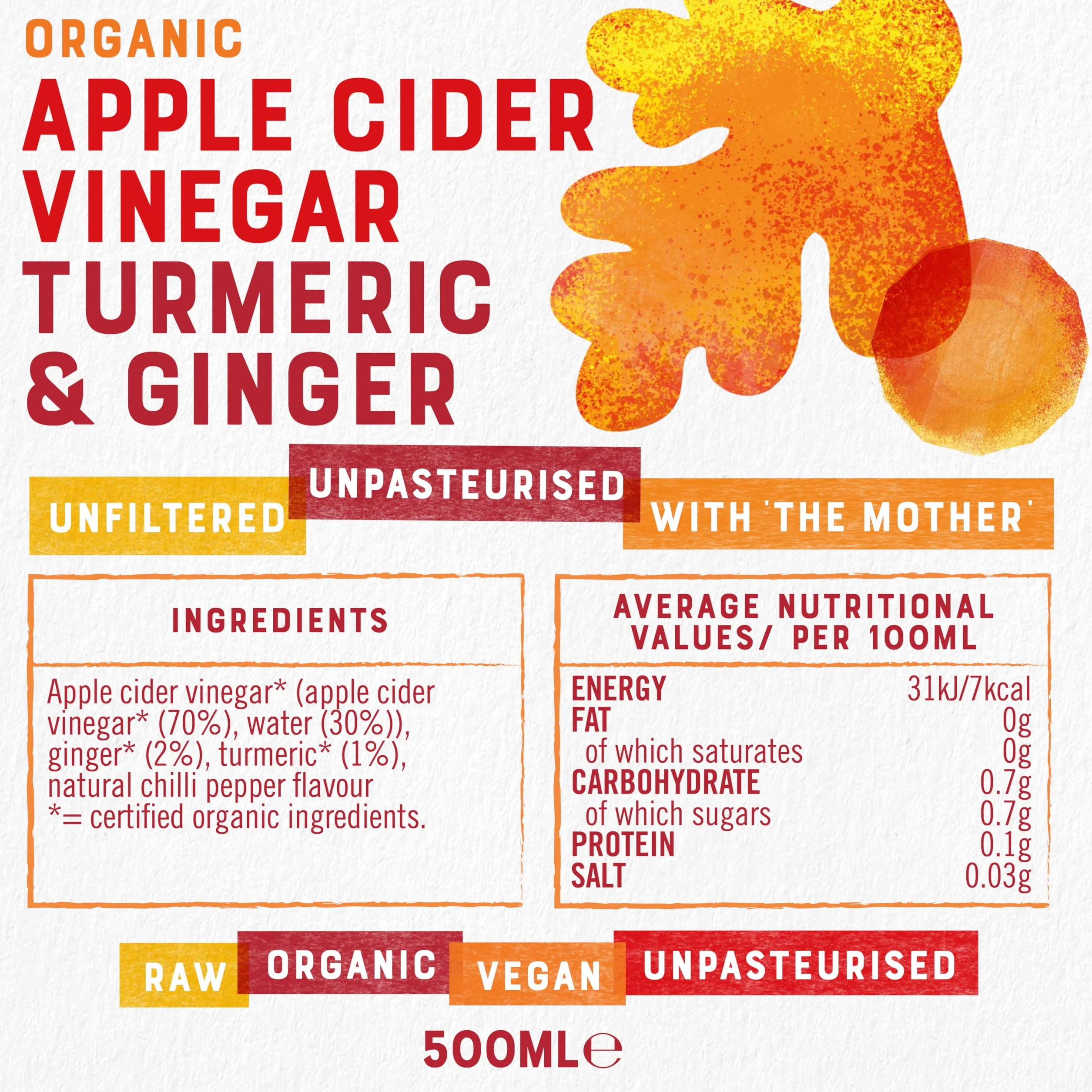 Raw Health Raw Health Mélange de vinaigre de cidre de pomme brute, curcuma et gingembre, 500 ml