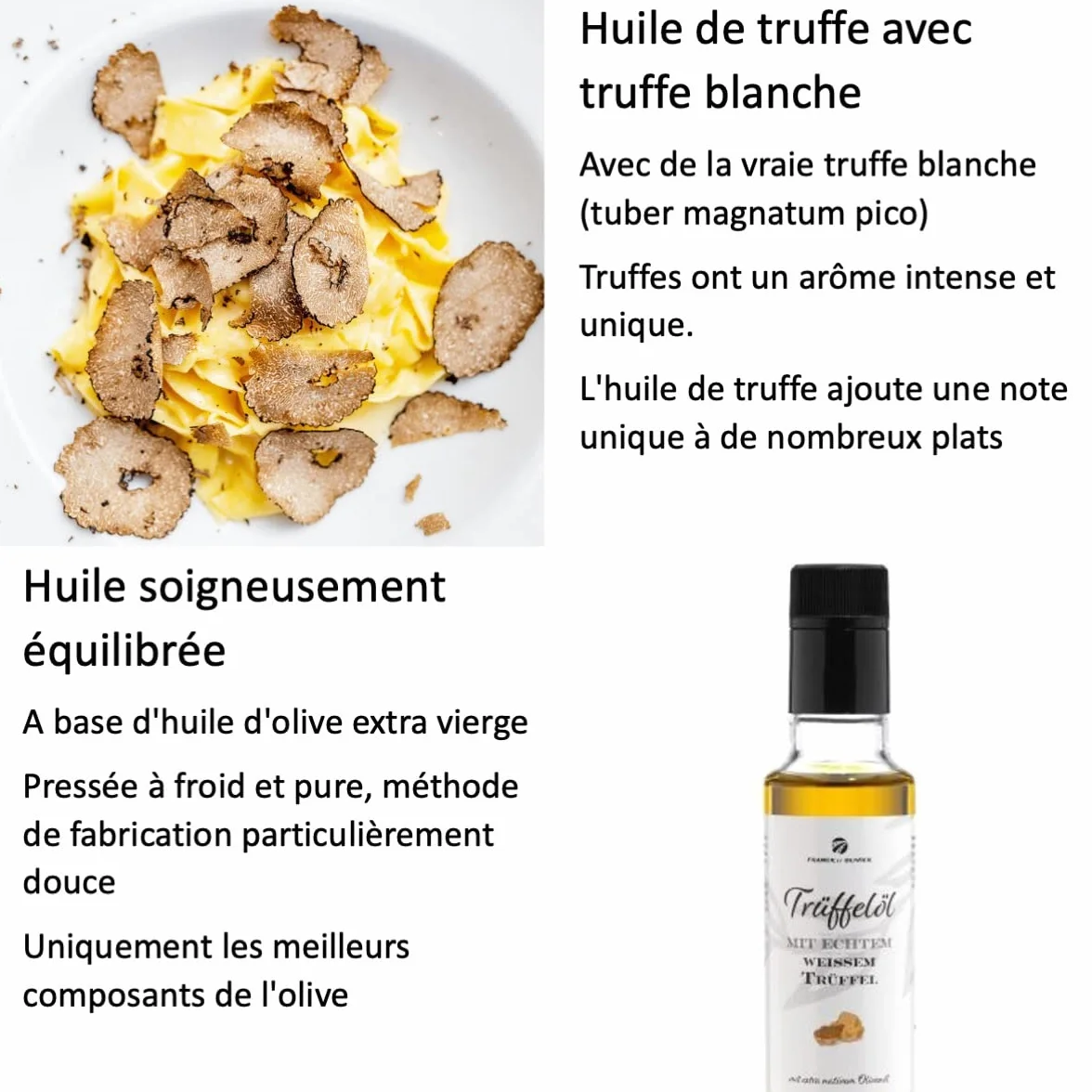 Huile de truffe blanche avec véritable truffe blanche 250 ml d'huile d'olive pour sauces et affiner les plats. Convient aux régimes végétaliens et sans gluten