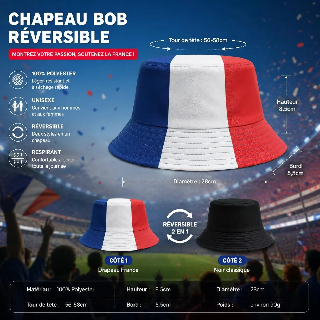 YESAH Chapeau de pêcheur avec drapeau national pour fans de football