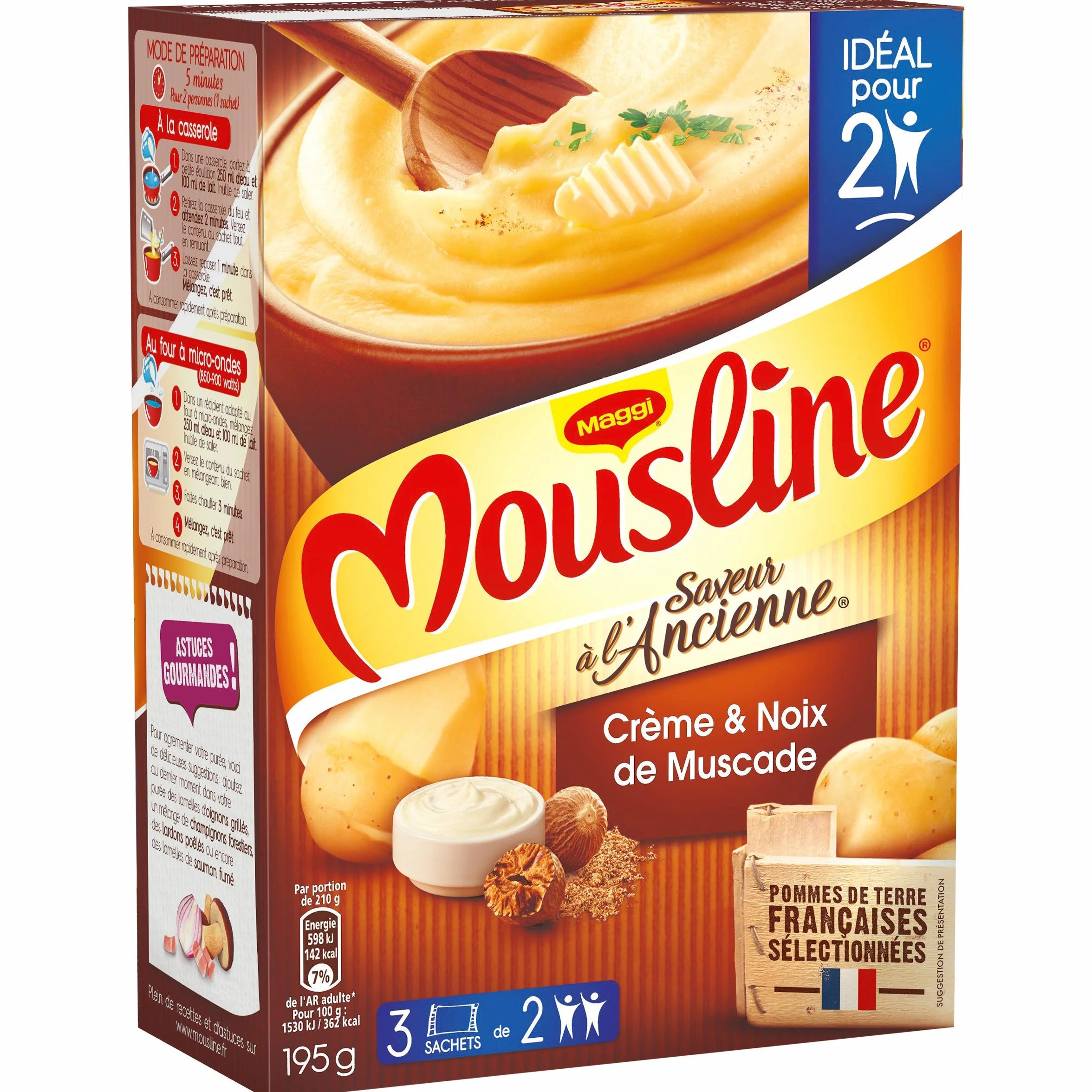 Maggi Mousline Purée Saveur à l'Ancienne Crème Muscade 3 Sachets de 65 g pour 2 personnes