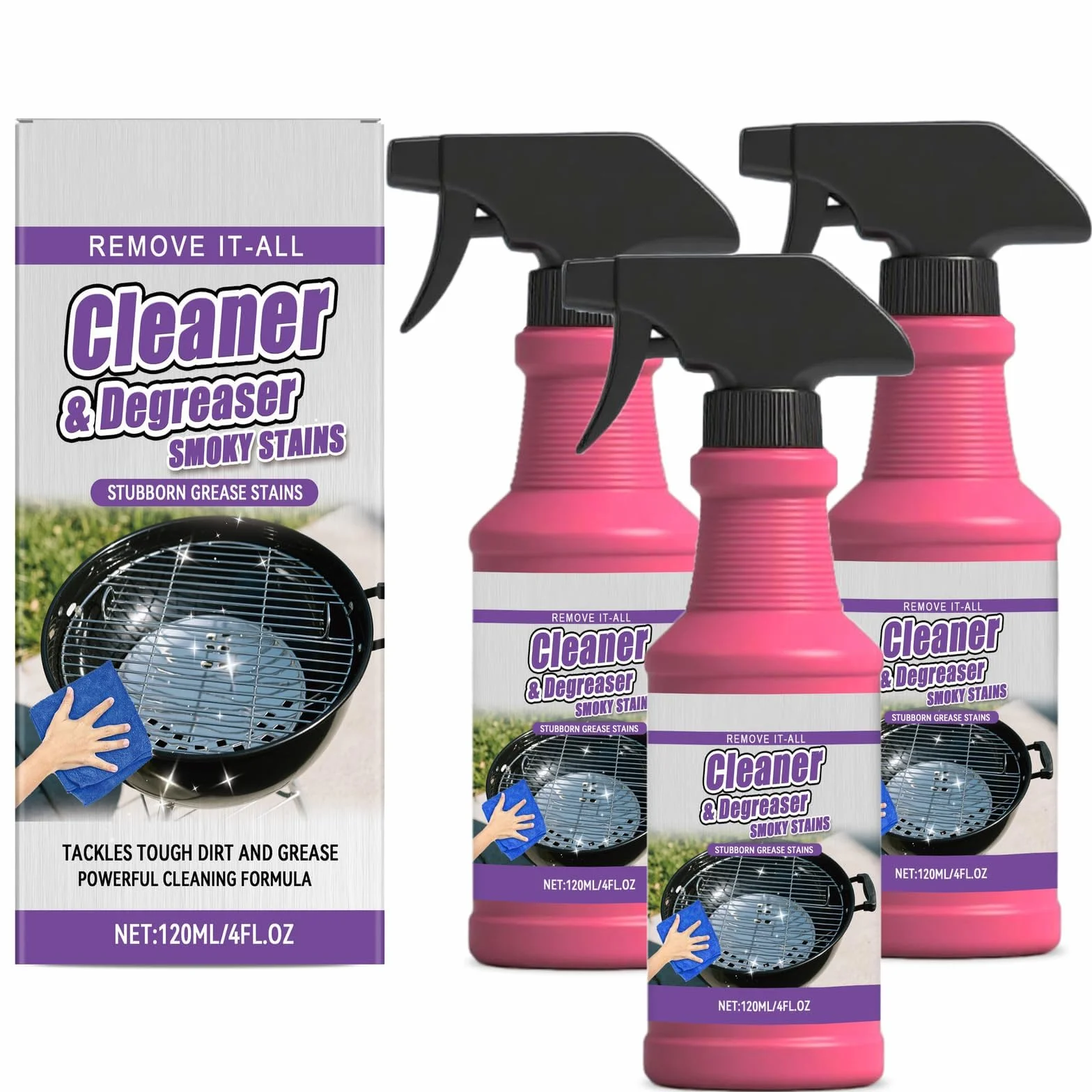 Fast-Acting Heavy-Duty Grill Degreaser Spray, Nettoyant Barbecue & All Purpose Degreaser – BBQ Grill Cleaner, Heavy Duty Oil Cleaning Agent for Smoker, Stains and Stubborn Grease (3PC)