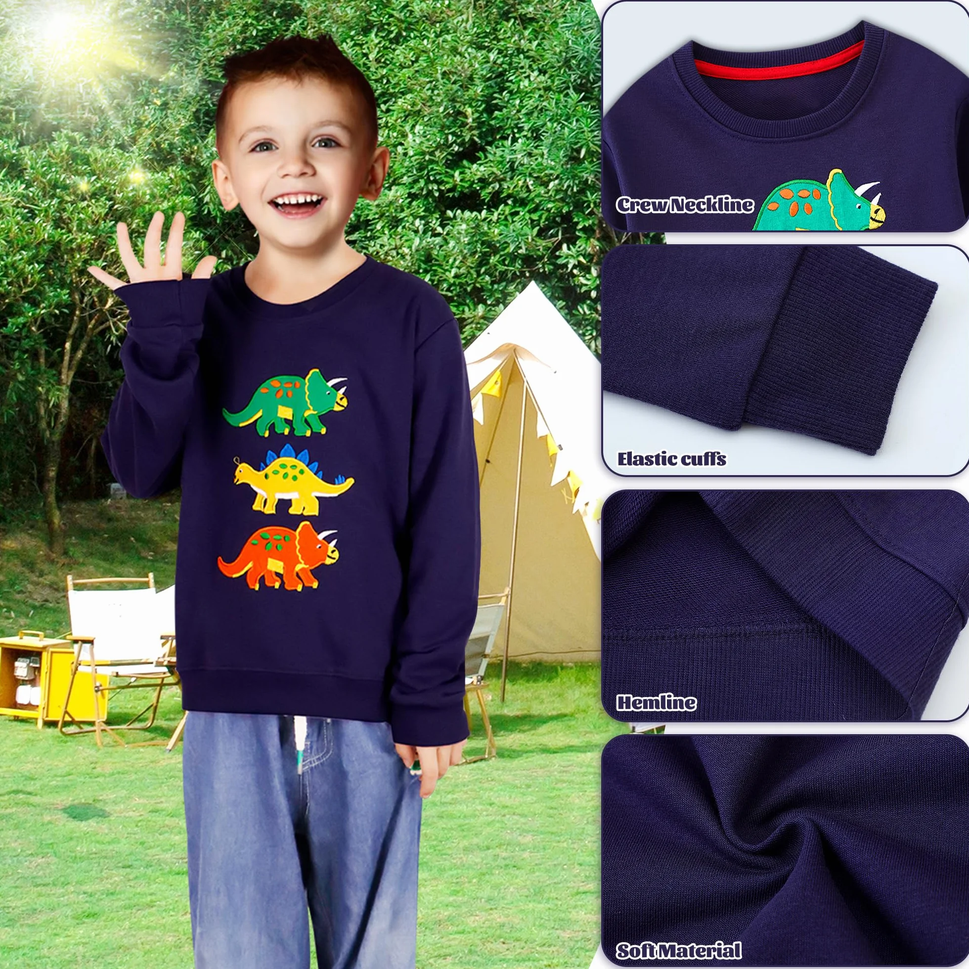 Sweatshirt Garçon Dinosaure Imprimé Bleu Marine Pullover Manches Longues Col Rond Enfants 2-7 Ans