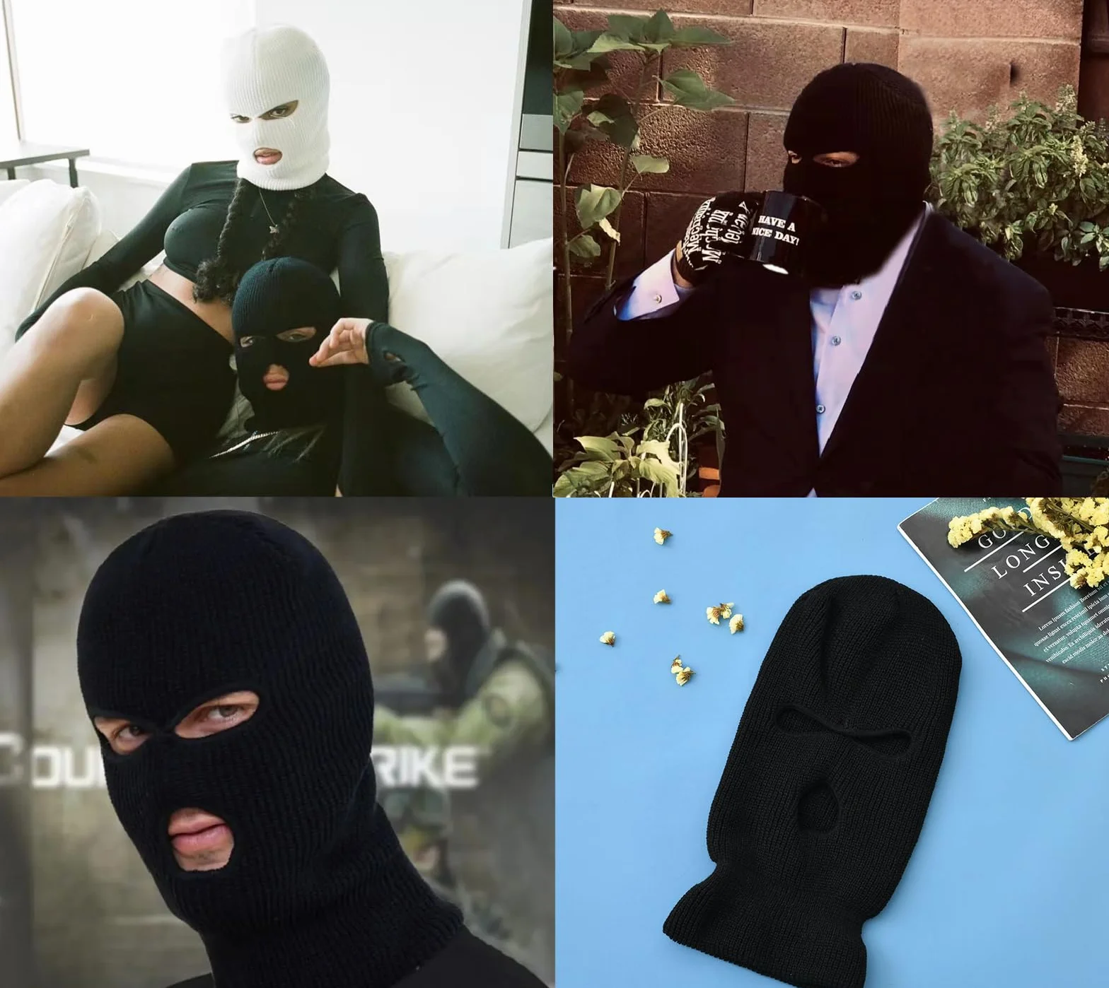 Cagoule 3 Trous Tricoté Noir Masque de Ski pour Hommes et Femmes