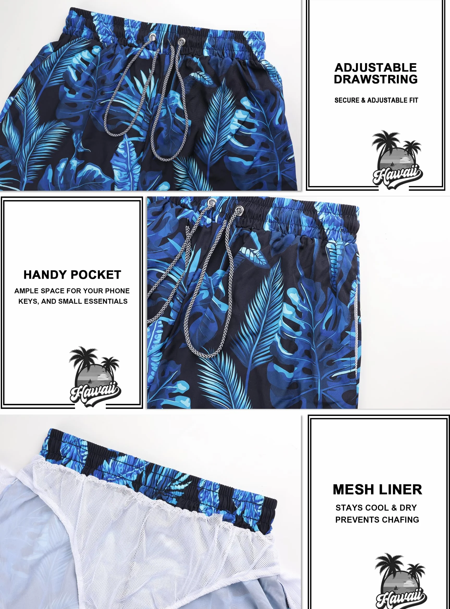 Short de Plage Hawaiien Homme avec Doublure en Maille et Poches S-4XL