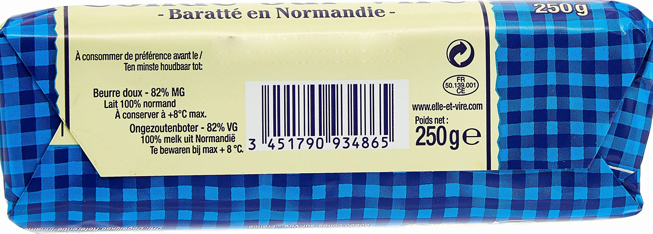 Elle & Vire Beurre de Condé sur Vire Doux Rouleau 250 g