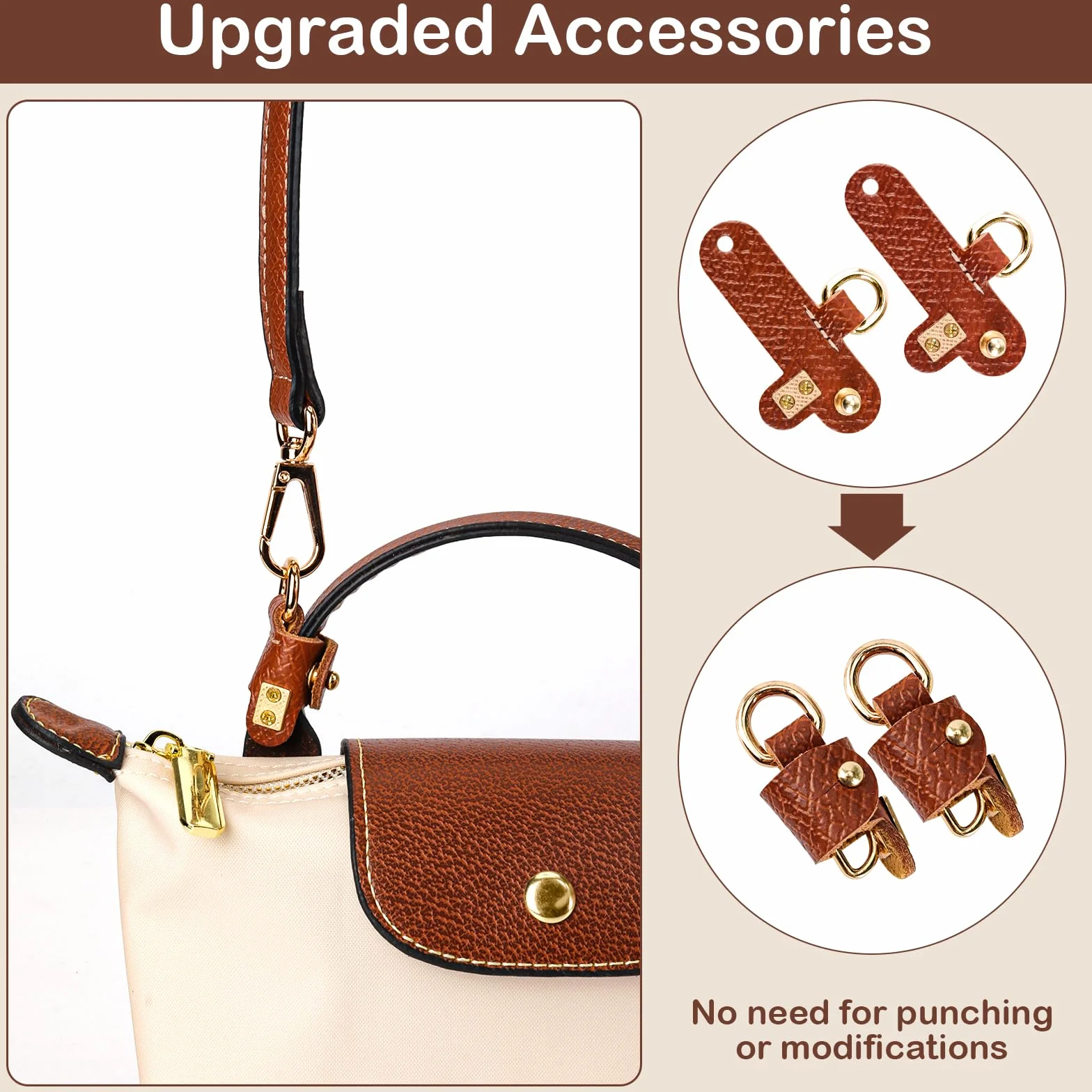 Bandoulière Réglable pour Sac Longchamp Mini, Marron, Sangle à Boucle Sans Perforation avec 2 Adaptateurs