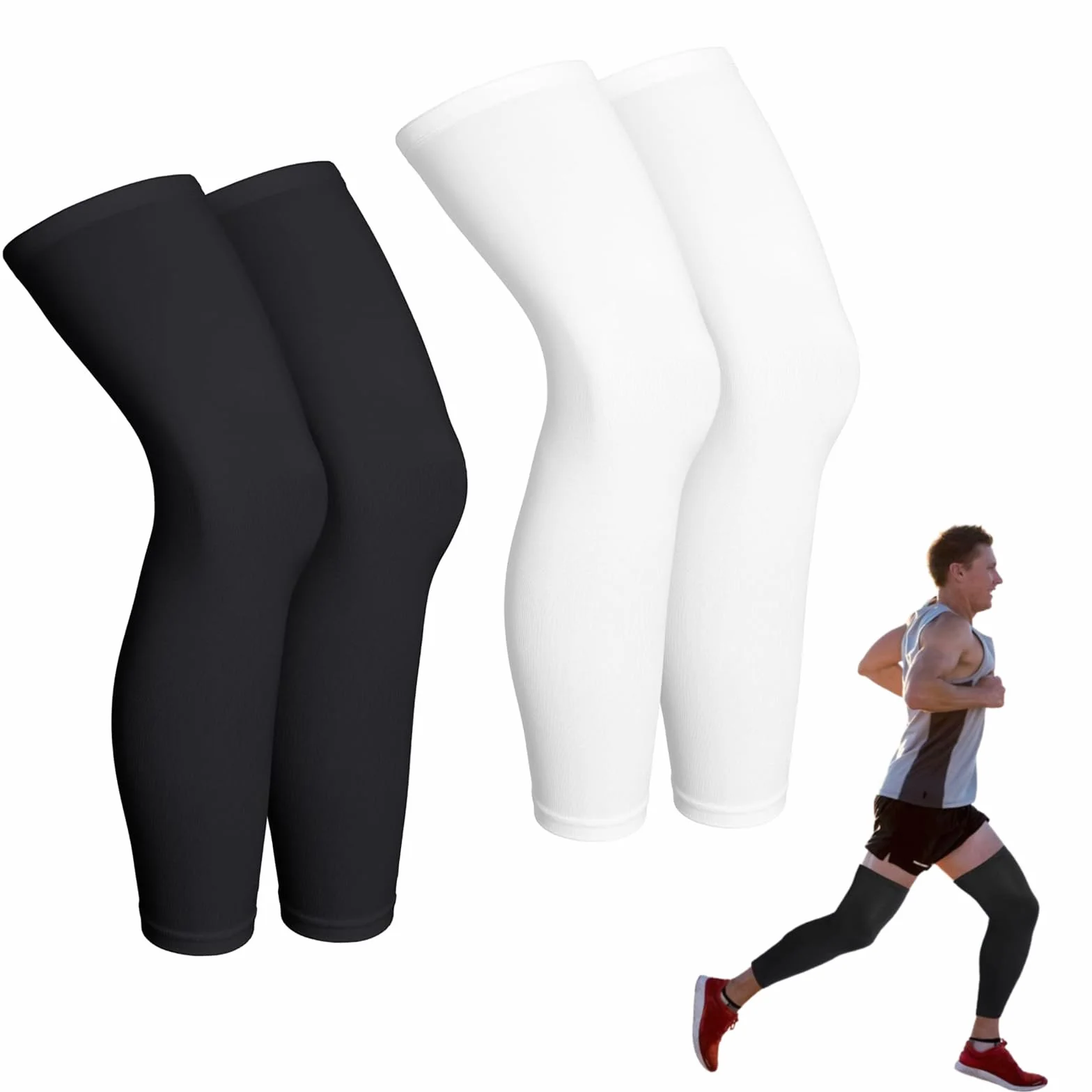 Genouillère de Compression Manchon 4 Pièces, Longueur Manchon de Jambe Cyclisme Sportif, Ensemble de Compression Hommes Femmes, Genou Cuisse Mollet (Noir et Blanc)