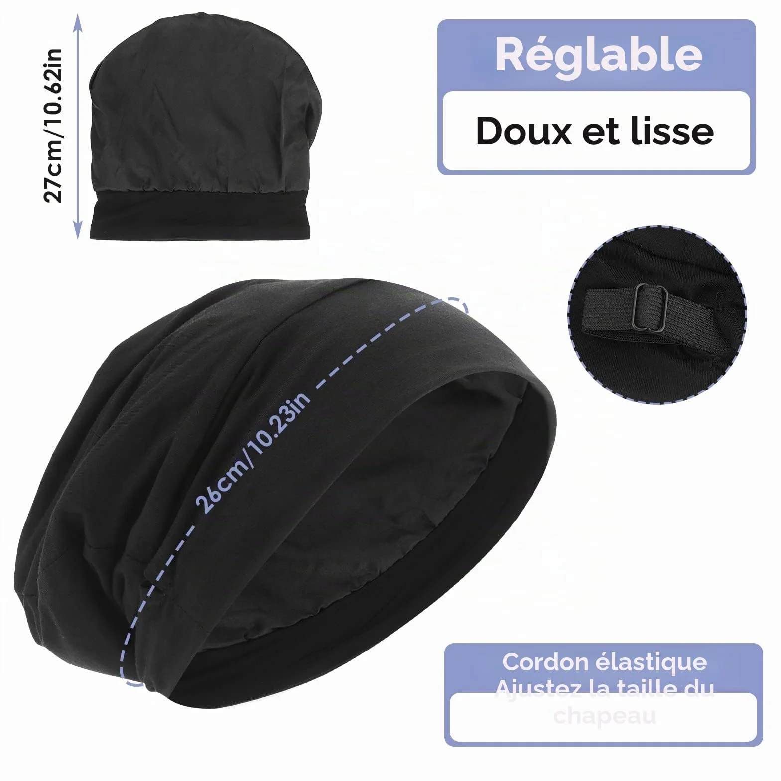 Bonnet de nuit en satin réglable avec doublure en soie - Noir
