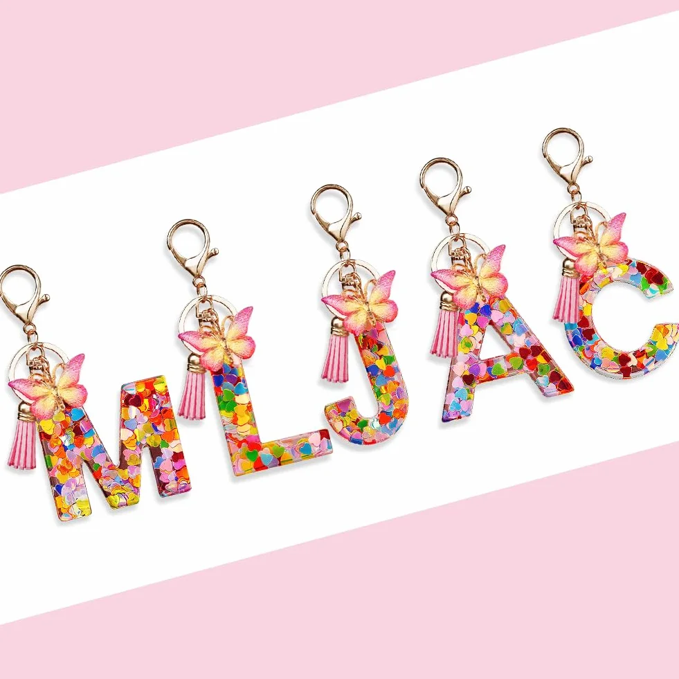 Porte-clés avec Initiales en Résine pour Filles et Femmes, Pendentif Papillon et Pampille