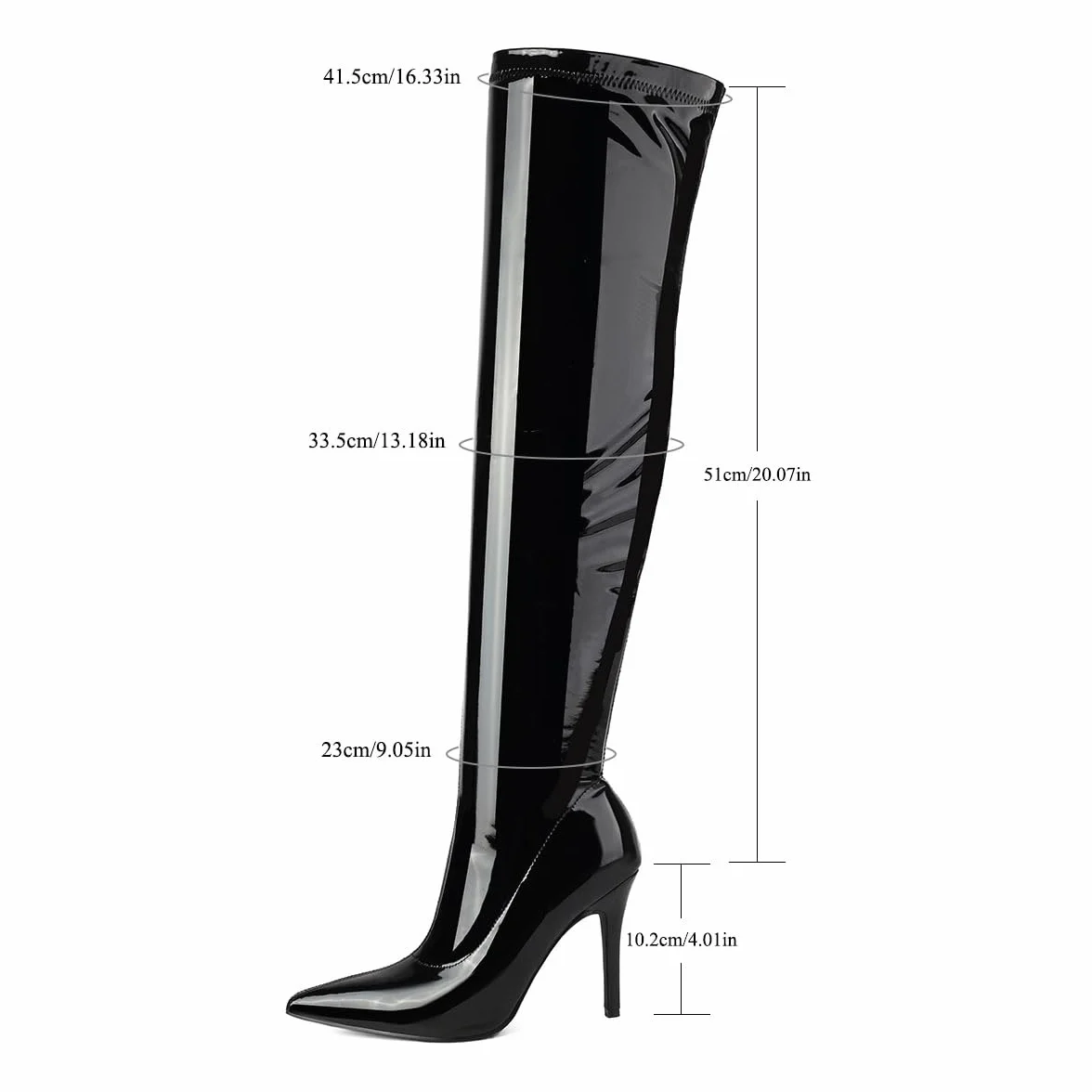 Feinlina Bottes Noires Au-dessus du genou Bottes Sexy à bout Pointu en cuir verni pour Femme