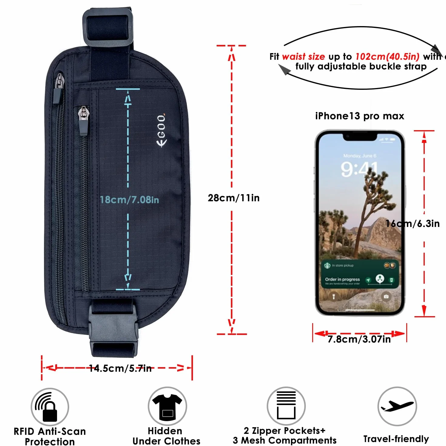 Ceinture de Voyage RFID EGOO Ultra-Légère Antivol avec Sangle Élastique Ajustable