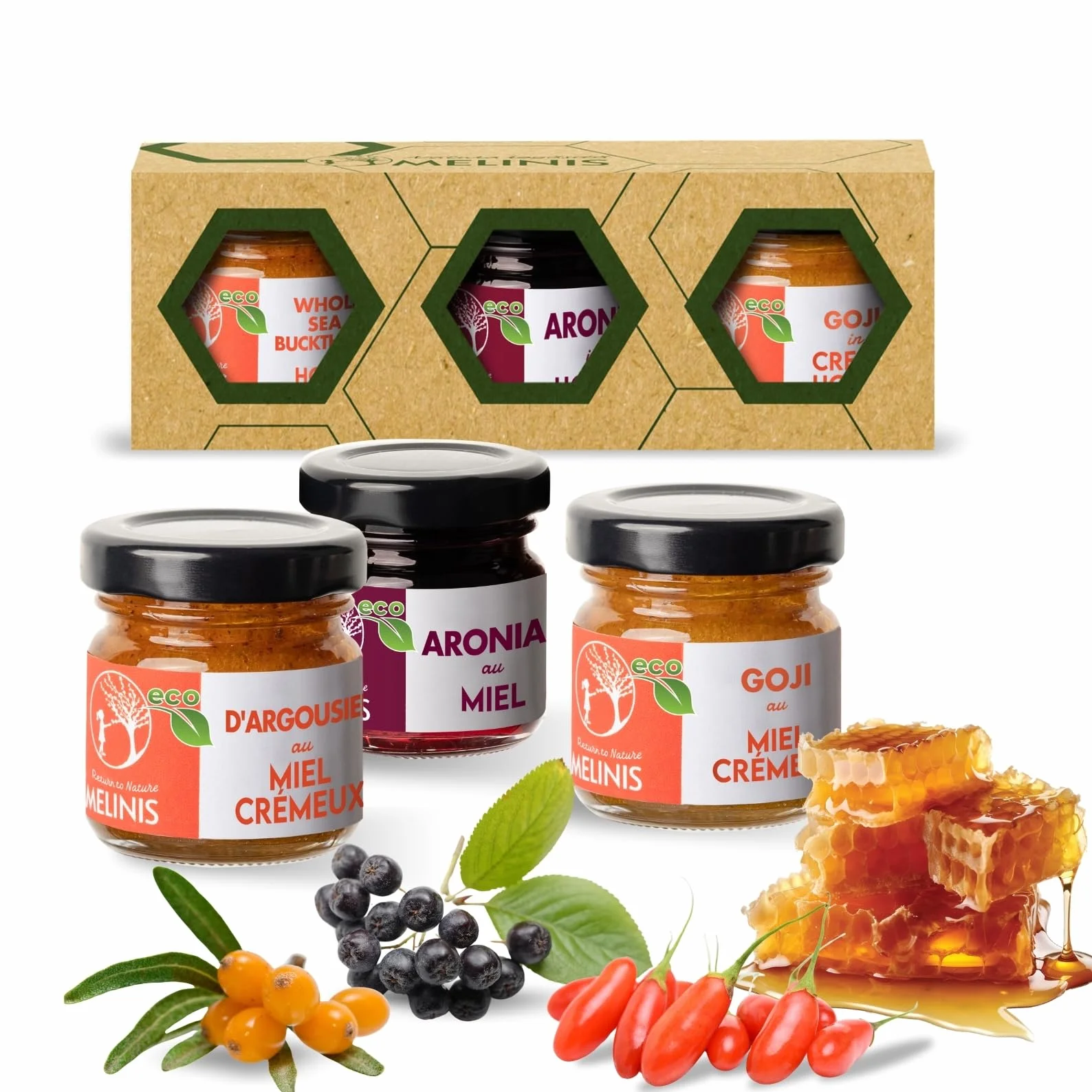 Coffret Dégustation “Explosion de Vitamines” 3 × 40 g – Miel Bio Tartinable à l’Argousier, à l’Aronia et au Goji – Sans Sucre Ajouté – Pour Petit-Déjeuner, Snacks et Cadeaux Gourmands – Melinis