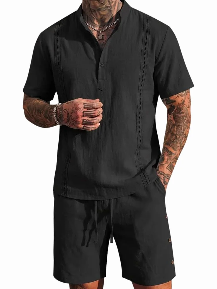 Ensemble en Lin 2 Pièce Homme Chemise T-Shirt Manches Courtes Pantacourt Shorts Jogging Été