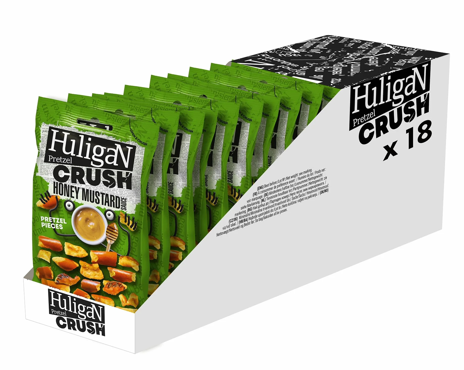 Huligan Lot de 18 bretzels miel-moutarde 65 g – Bretzel cuits au four – Snacks salés en vrac sains et végétariens – Lot de 18 boîtes de chips