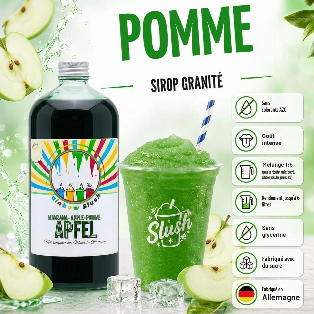Sirop pour Slushy Arc-en-ciel Sans AZO | 1 litre de bouteille | Concentré pour Slushy Maker, machines à Slushy, machines à glace, boissons 1:5 à 1:20 (Pomme)
