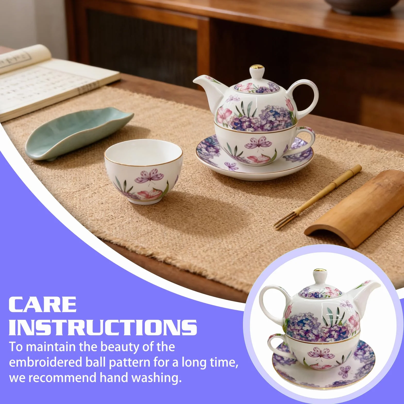 Service à thé pour une personne - Motif floral - Théière en céramique de 400 ml avec tasse de 250 ml - Service à thé en porcelaine pour le thé de l'après-midi - Cadeau pour femme - Vaisselle à café